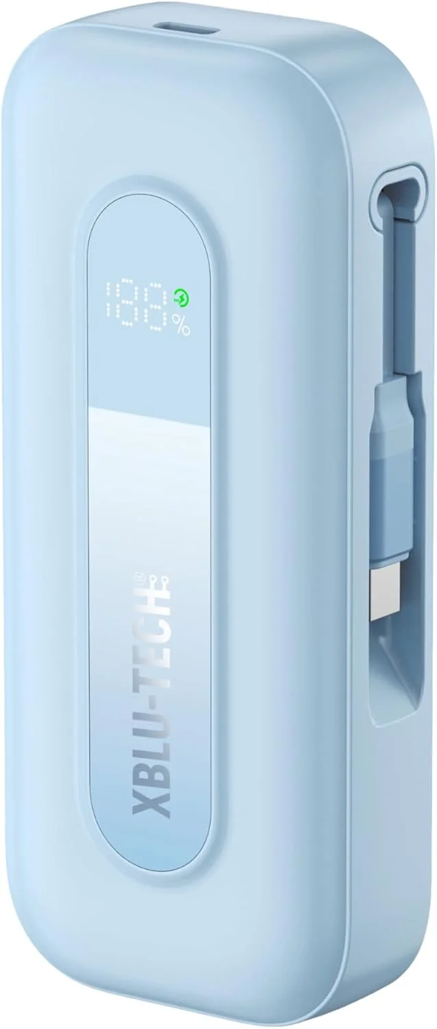 پاوربانک 10000 میلی آمپر ساعتی ET-010 با شارژ سریع 30 واتی و کابل USB-C جمع شونده 70 سانتی متری داخلی، شارژر قابل حمل برای دستگاه های USB-C آیفون و سامسونگ - بسته باتری مسافرتی باریک با نمایشگر LED (آبی)