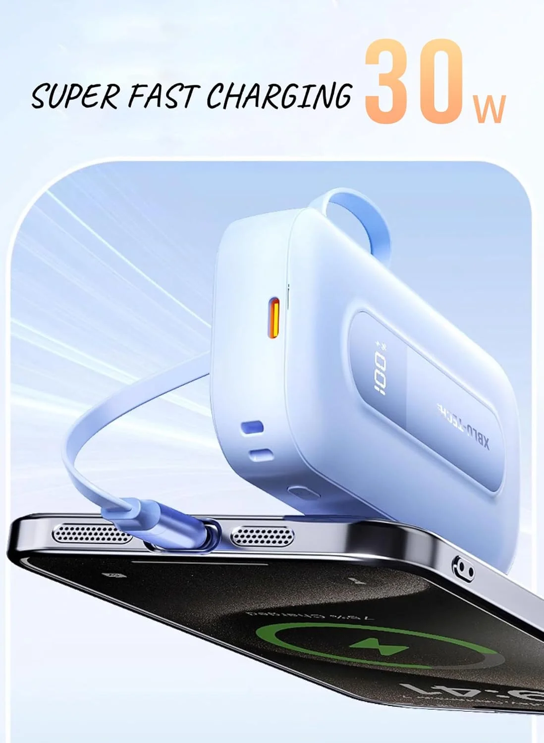 پاوربانک 10000 میلی آمپر ساعتی ET-010 با شارژ سریع 30 واتی و کابل USB-C جمع شونده 70 سانتی متری داخلی، شارژر قابل حمل برای دستگاه های USB-C آیفون و سامسونگ - بسته باتری مسافرتی باریک با نمایشگر LED (آبی)