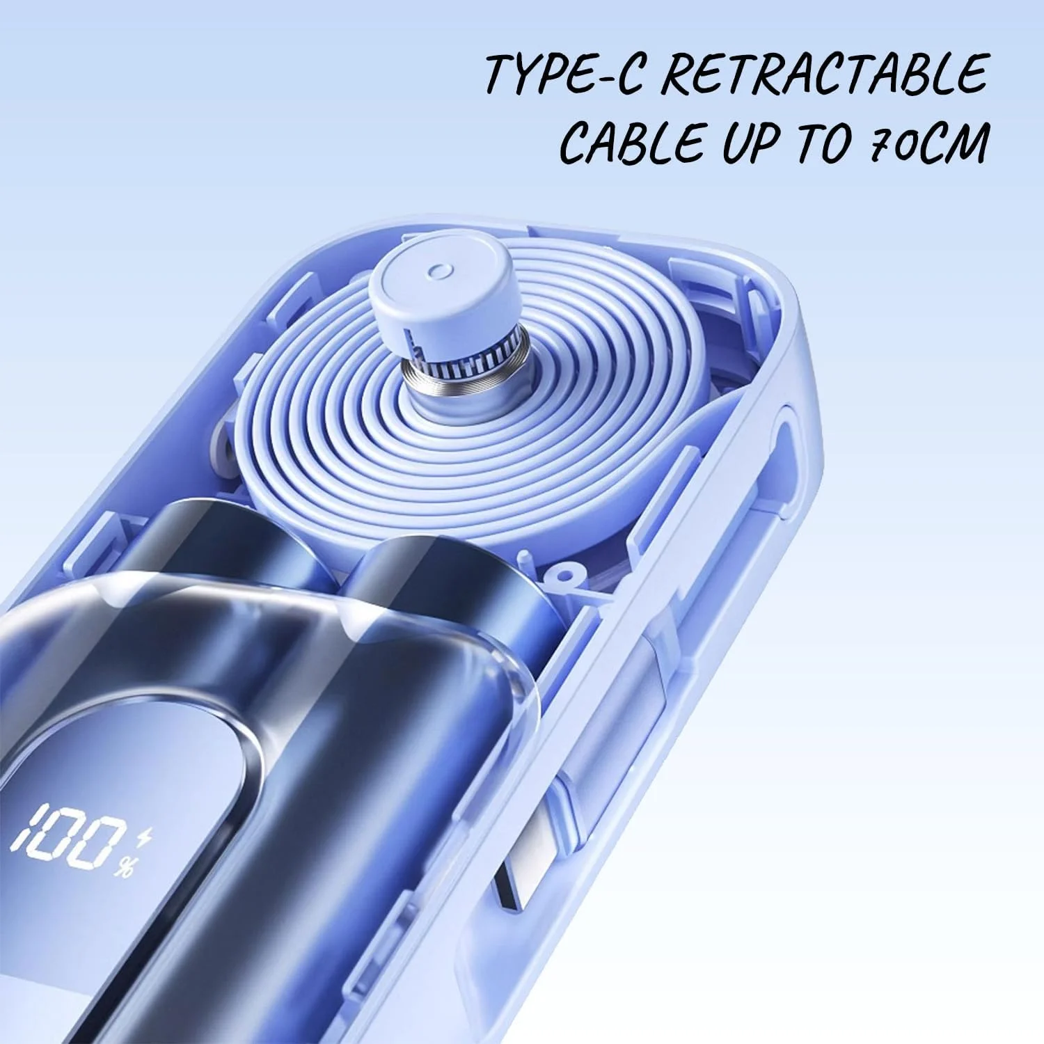 پاوربانک 10000 میلی آمپر ساعتی ET-010 با شارژ سریع 30 واتی و کابل USB-C جمع شونده 70 سانتی متری داخلی، شارژر قابل حمل برای دستگاه های USB-C آیفون و سامسونگ - بسته باتری مسافرتی باریک با نمایشگر LED (آبی)