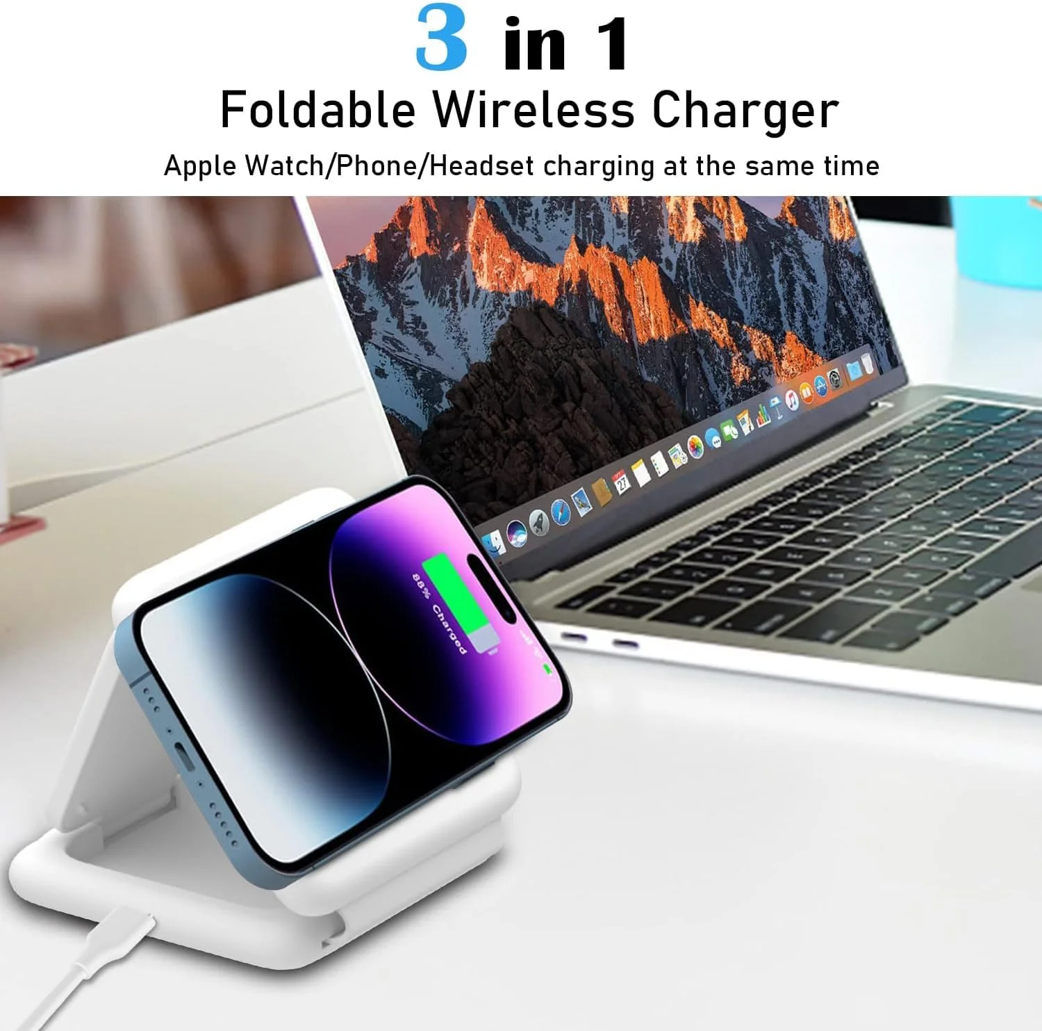 شارژر وایرلس 3 در 1، استیشن شارژ وایرلس مغناطیسی تاشو 15 واتی Necomi، پد شارژ سریع تلفن همراه برای آیفون 16/15/14/13/12/11/8/Pro/Max