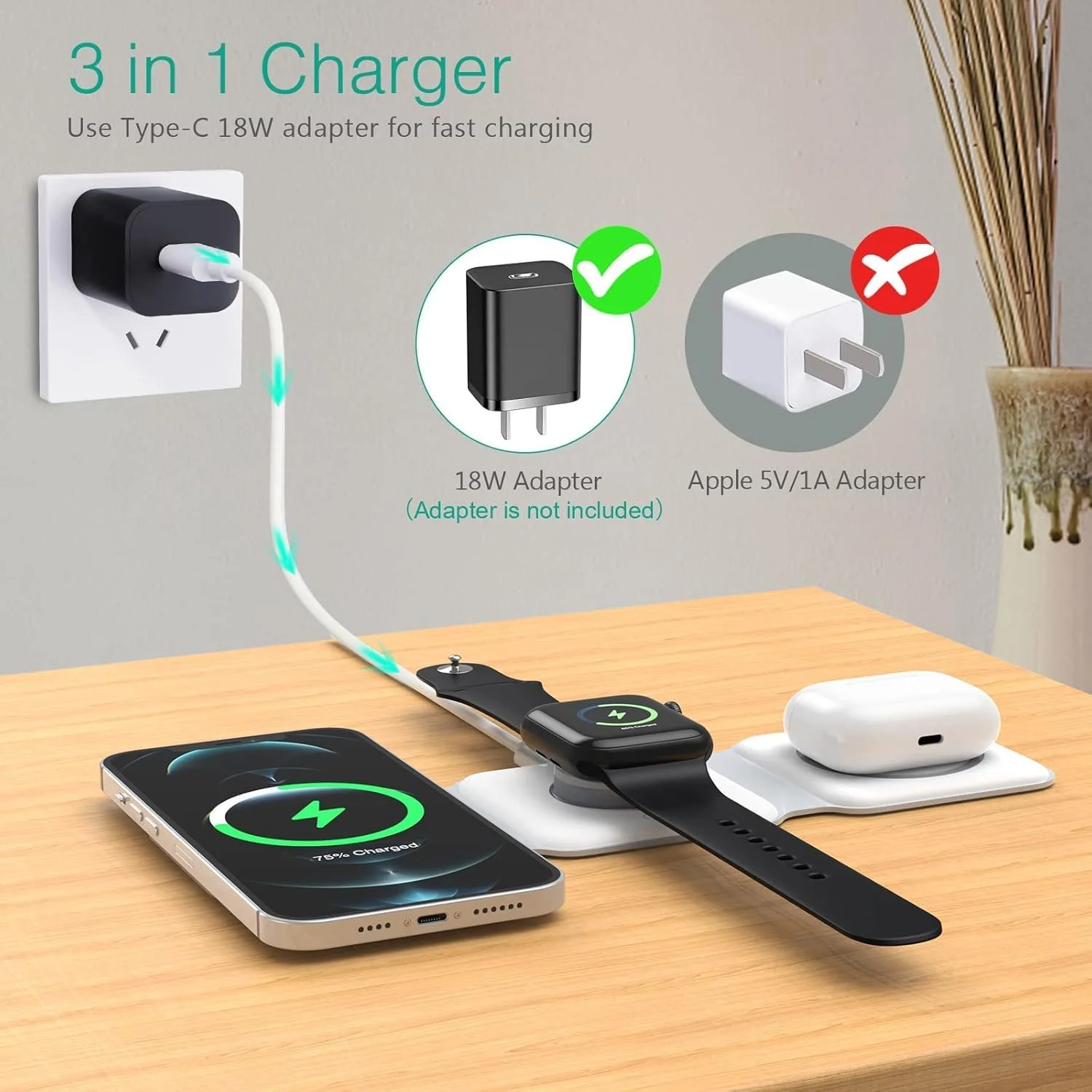 شارژر بی‌سیم 3 در 1 Worldtronics با چراغ خواب، ایستگاه شارژ تاشو سریع برای آیفون 14/13/12/11 پرو مکس، اپل واچ، پد شارژ مغناطیسی، محافظت هوشمند