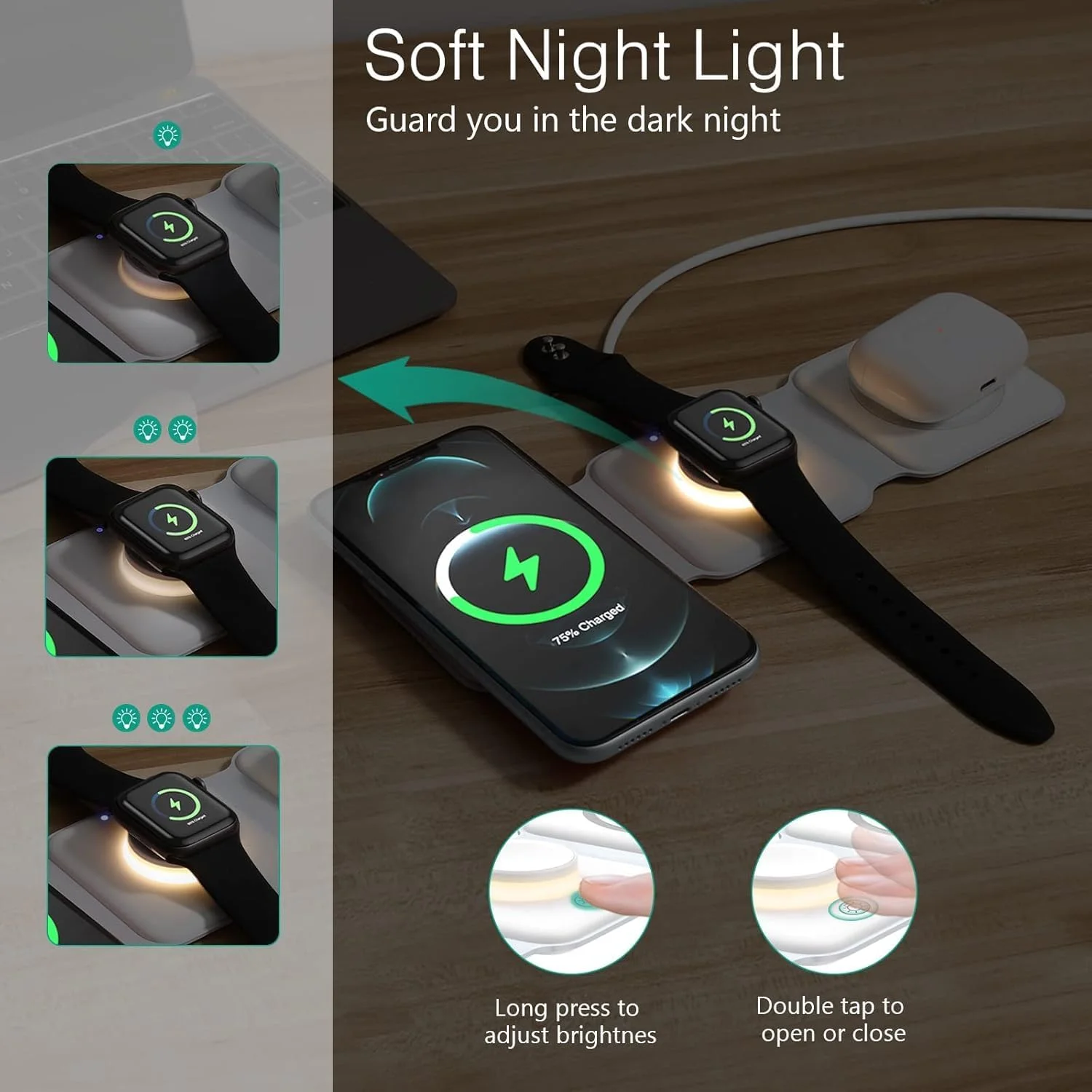 شارژر بی‌سیم 3 در 1 Worldtronics با چراغ خواب، ایستگاه شارژ تاشو سریع برای آیفون 14/13/12/11 پرو مکس، اپل واچ، پد شارژ مغناطیسی، محافظت هوشمند