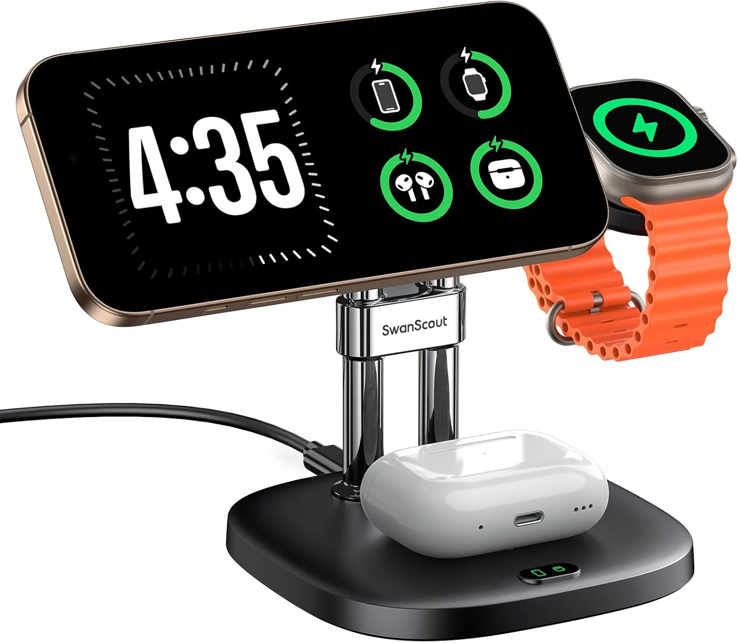 پایه شارژر بی‌سیم 3 در 1 سازگار با MagSafe، ایستگاه شارژ مغناطیسی برای دستگاه‌های اپل، داک شارژ برای سری آیفون Air/17/16/15/14، اپل واچ، ایرپادز (بدون آداپتور)، SwanScout 712M