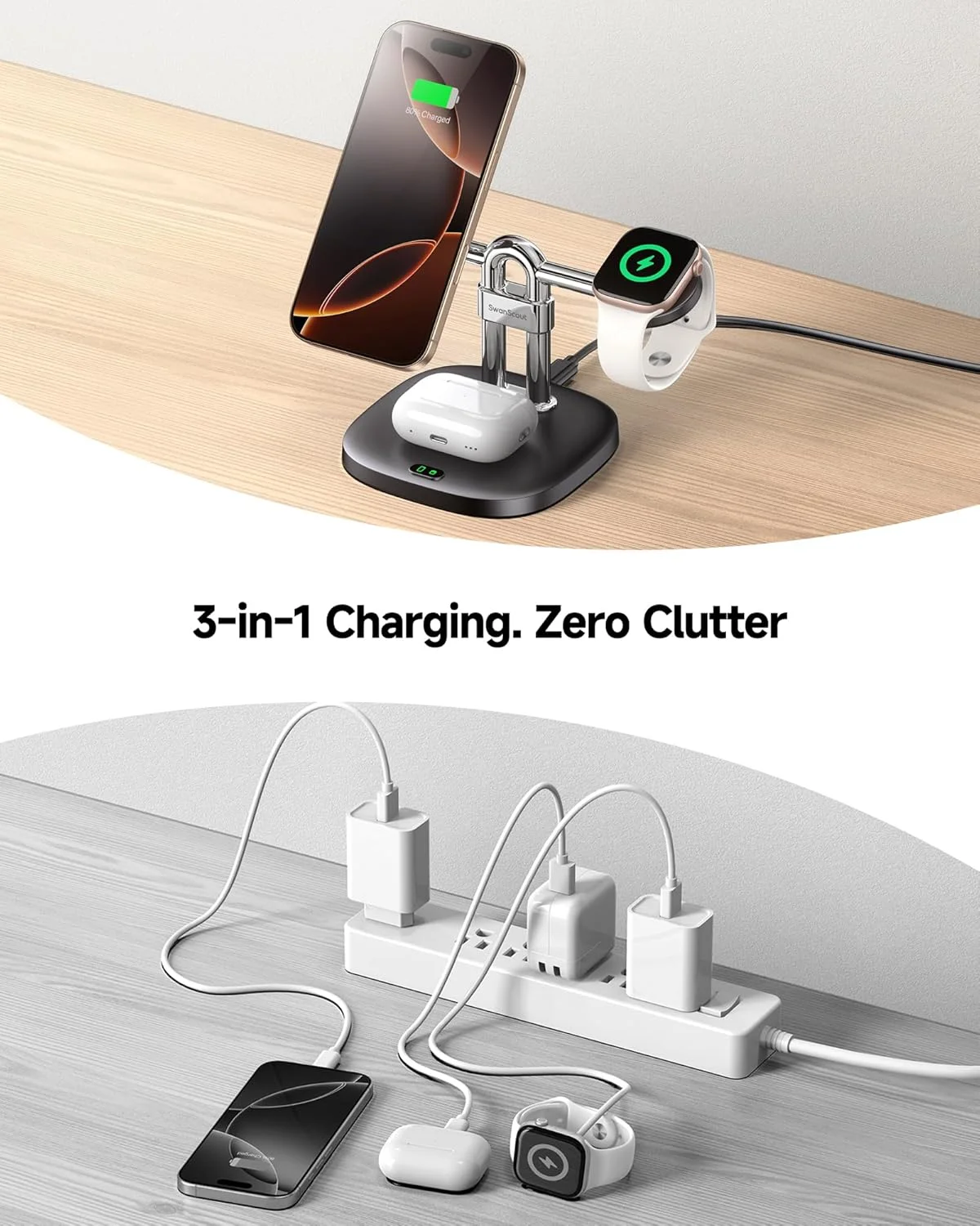 پایه شارژر بیسیم 3 در 1 سازگار با MagSafe، ایستگاه شارژ مغناطیسی برای دستگاههای اپل، داک شارژ برای سری آیفون Air/17/16/15/14، اپل واچ، ایرپادز (بدون آداپتور)، SwanScout 712M پایه شارژر بیسیم 3 در 1 سازگار با MagSafe، ایستگاه شارژ مغناطیسی برای دستگاههای اپل، داک شارژ برای سری آیفون Air/17/16/15/14، اپل واچ، ایرپادز (بدون آداپتور)، SwanScout 712M