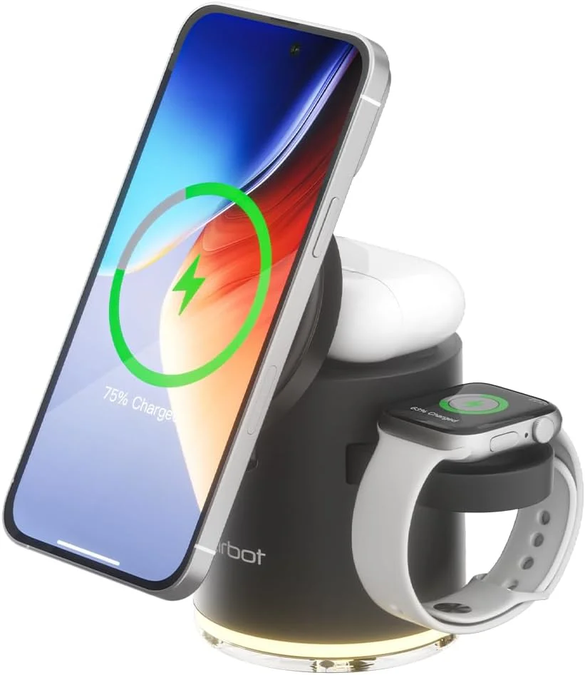 استند شارژ بی‌سیم 4 در 1 Airbot، شارژر مغناطیسی تاشو 15 واتی Qi2 با نور حلقوی ملایم، شارژر بی‌سیم سریع برای آیفون 16/15/14/13/12، اپل واچ 9/8/7/6/SE/5/4/3/2، ایرپادز 4/3/2/پرو