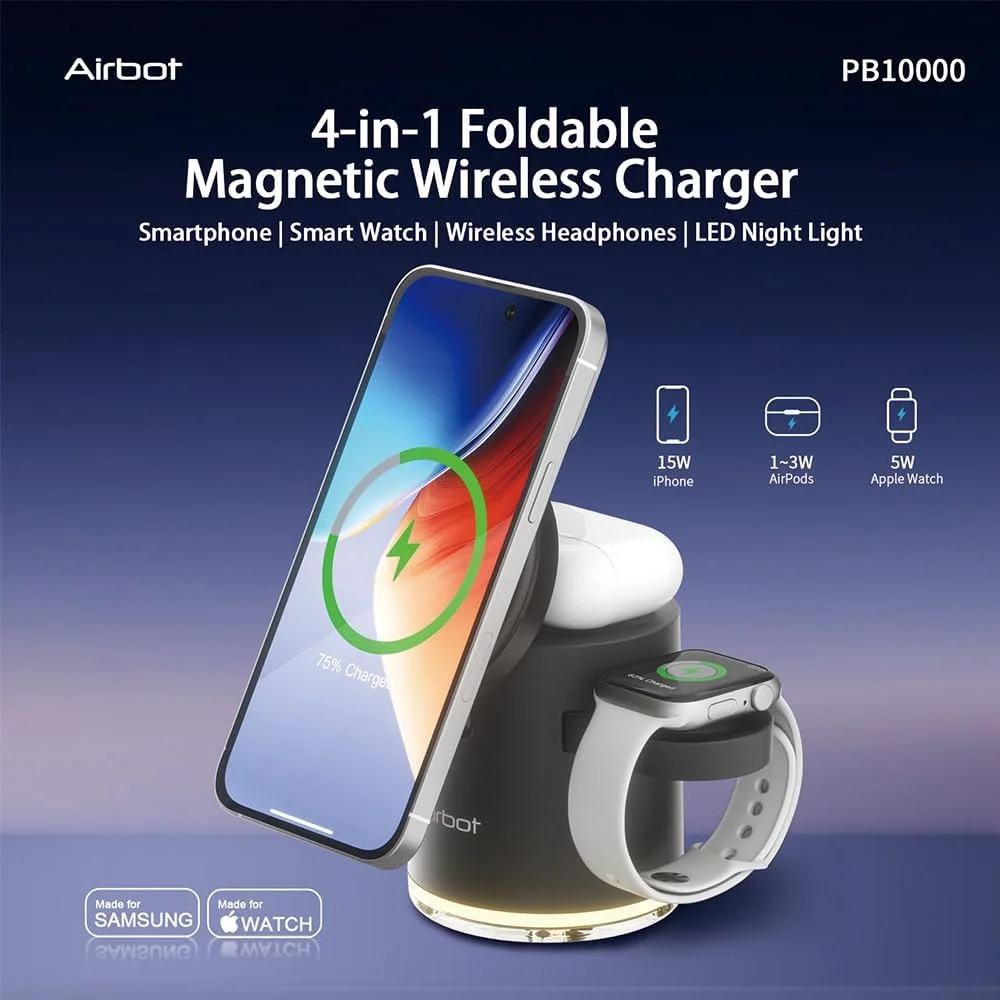 استند شارژ بی‌سیم 4 در 1 Airbot، شارژر مغناطیسی تاشو 15 واتی Qi2 با نور حلقوی ملایم، شارژر بی‌سیم سریع برای آیفون 16/15/14/13/12، اپل واچ 9/8/7/6/SE/5/4/3/2، ایرپادز 4/3/2/پرو