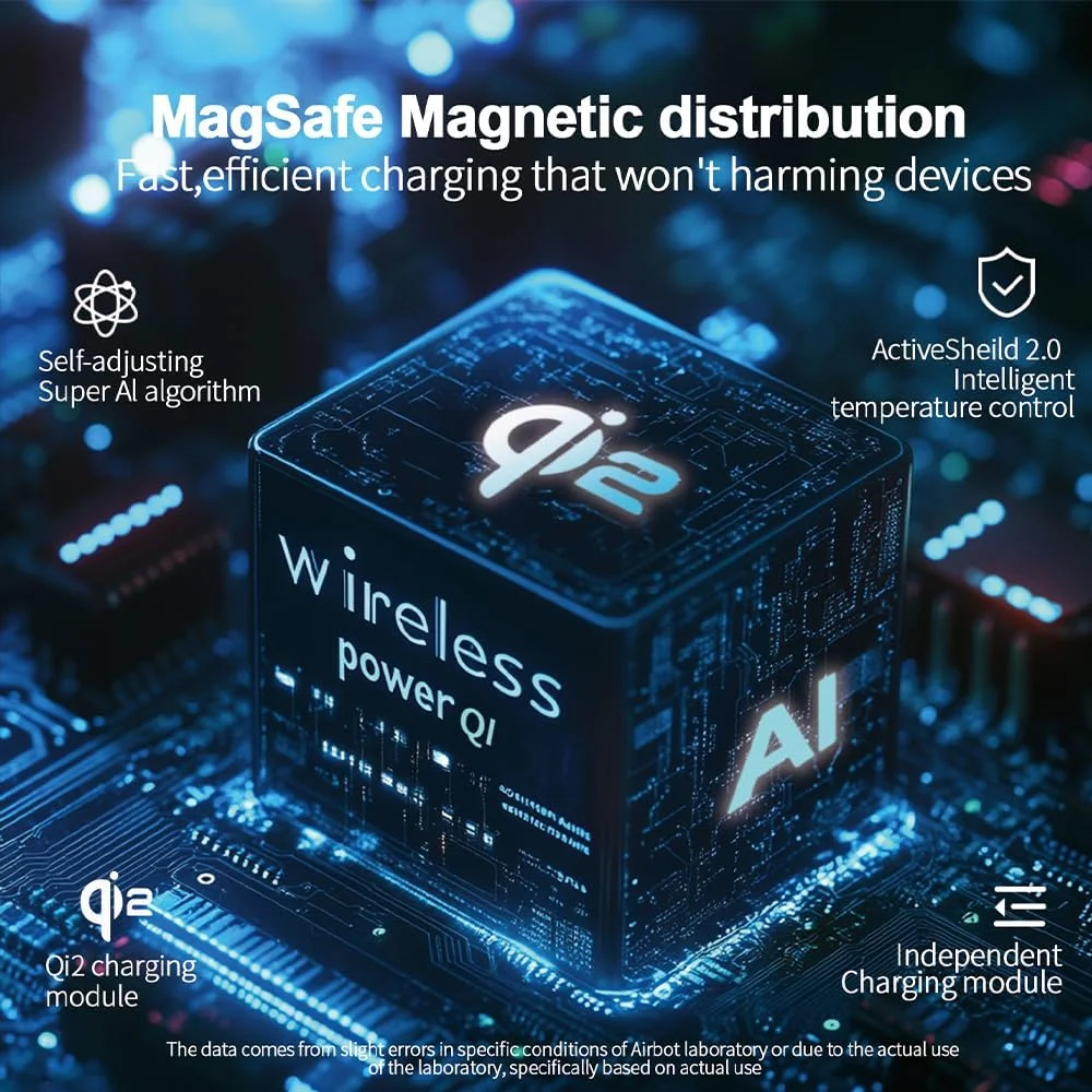 استند شارژ بی‌سیم 4 در 1 Airbot، شارژر مغناطیسی تاشو 15 واتی Qi2 با نور حلقوی ملایم، شارژر بی‌سیم سریع برای آیفون 16/15/14/13/12، اپل واچ 9/8/7/6/SE/5/4/3/2، ایرپادز 4/3/2/پرو