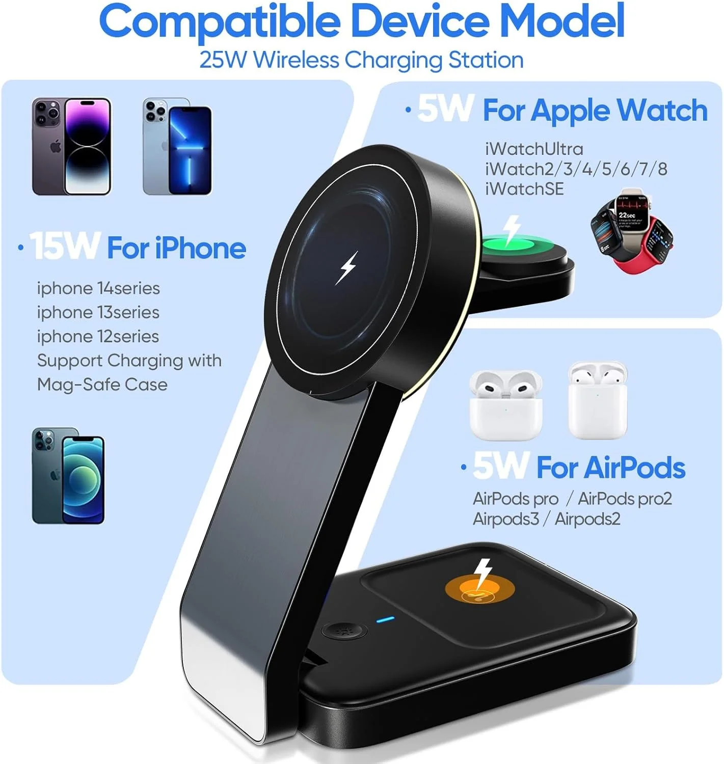 استند شارژ سریع وایرلس 3 در 1 با نور محیطی، شارژ سریع 25 واتی 3 در 1 تاشو-مغناطیسی-سازگار با سری i-Phone 14/13/12، iWatch Ultra/8/7/6/5/4/3/2، AirPods استند شارژ سریع وایرلس 3 در 1 با نور محیطی، شارژ سریع 25 واتی 3 در 1 تاشو-مغناطیسی-سازگار با سری i-Phone 14/13/12، iWatch Ultra/8/7/6/5/4/3/2، AirPods