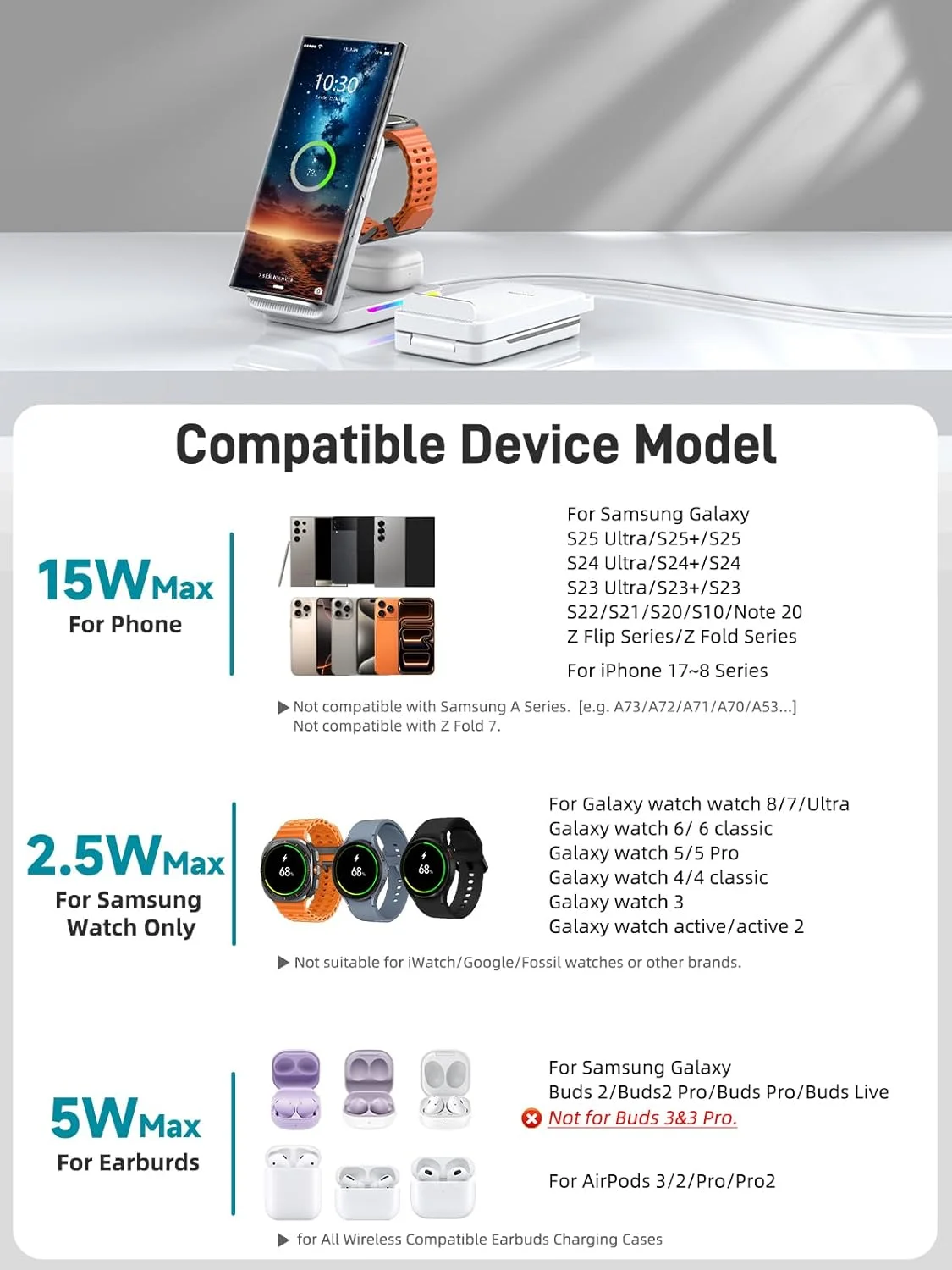استند شارژ بی‌سیم برای سامسونگ، شارژر بی‌سیم تاشو 3 در 1 برای گوشی‌های سامسونگ گلکسی S24 Ultra/S24/S23 Ultra/S22/Note 20/آیفون 16 Pro Max، ساعت گلکسی Ultra/7/6/5/4/هدفون (ملزومات سفر)