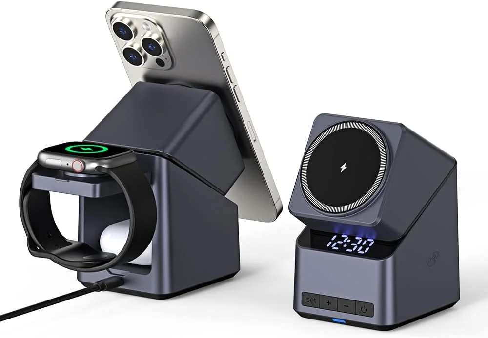 استند شارژ بی‌سیم 3 در 1، شارژر سریع با چرخش لمسی 180 درجه، پایه مغناطیسی، ساعت دیجیتال برای تلفن هوشمند، iWatch، ایرپاد - ایده آل برای هدیه تولد، سالگرد و تعطیلات!