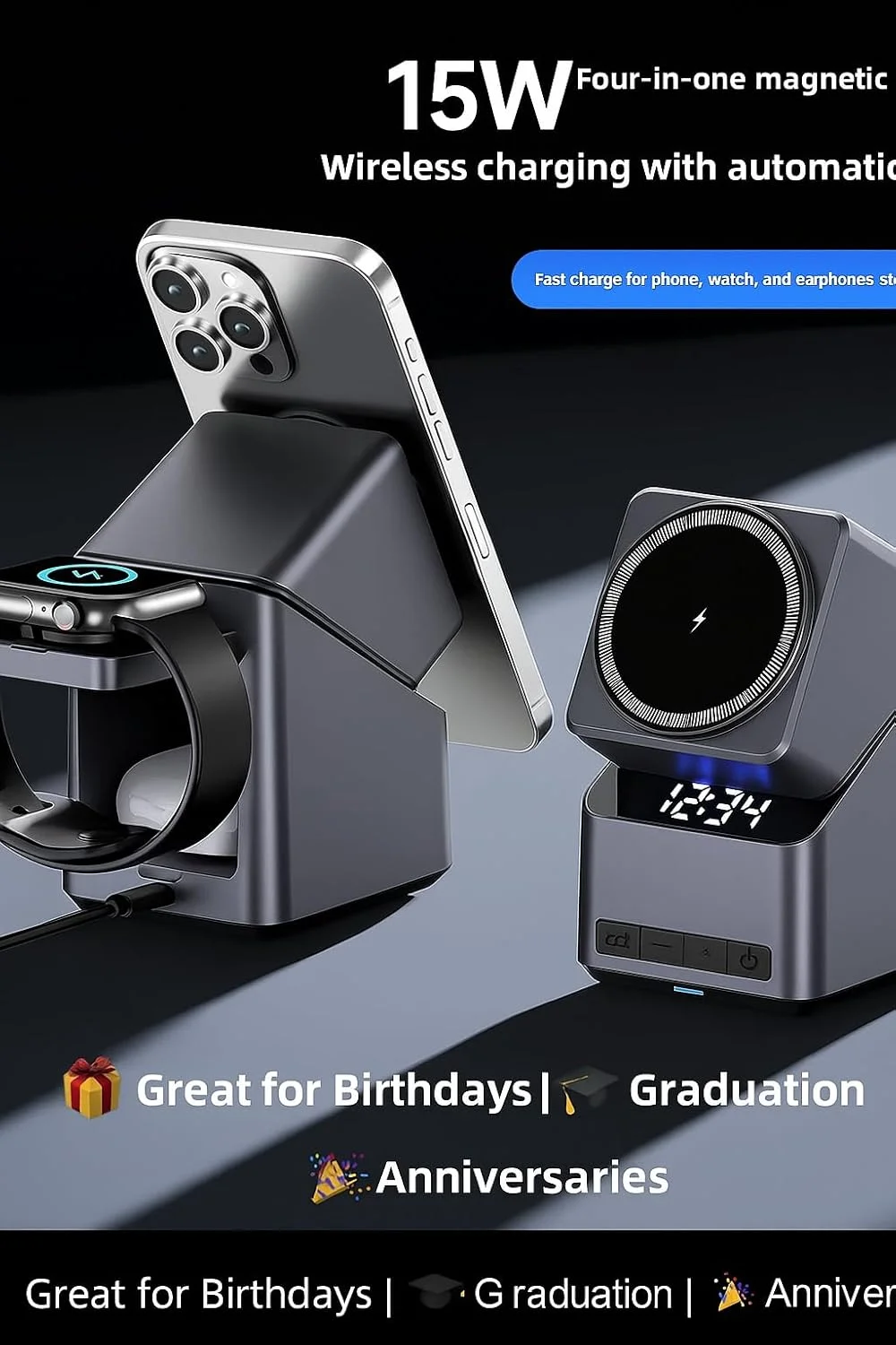 استند شارژ بی‌سیم 3 در 1، شارژر سریع با چرخش لمسی 180 درجه، پایه مغناطیسی، ساعت دیجیتال برای تلفن هوشمند، iWatch، ایرپاد - ایده آل برای هدیه تولد، سالگرد و تعطیلات!