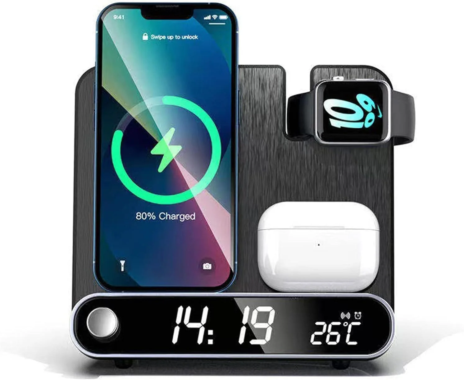 استند شارژ بی‌سیم جدید 2024، استند شارژ رومیزی 3 در 1 با ساعت/زنگ هشدار، شارژ سریع 15 واتی برای تلفن‌های مختلف، ساعت زنگ‌دار شارژر بی‌سیم هوشمند 3 در 1 با ساعت هوشمند، هدفون