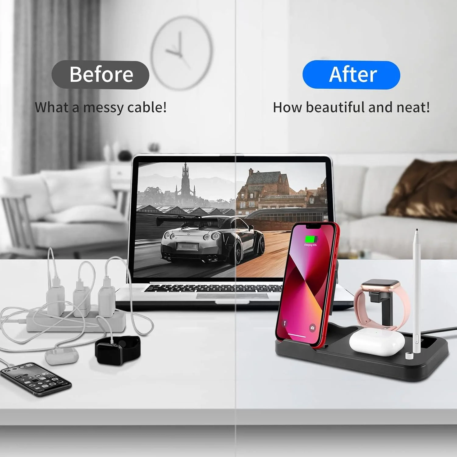 استند شارژر بی‌سیم 4 در 1، ایستگاه شارژ سریع بی‌سیم، استند شارژر تاشو و قابل تنظیم، داک ارتقا یافته برای iWatch Series 6/SE/5/4/3/2، Pencil، سازگار با تلفن‌های iPhone/Android