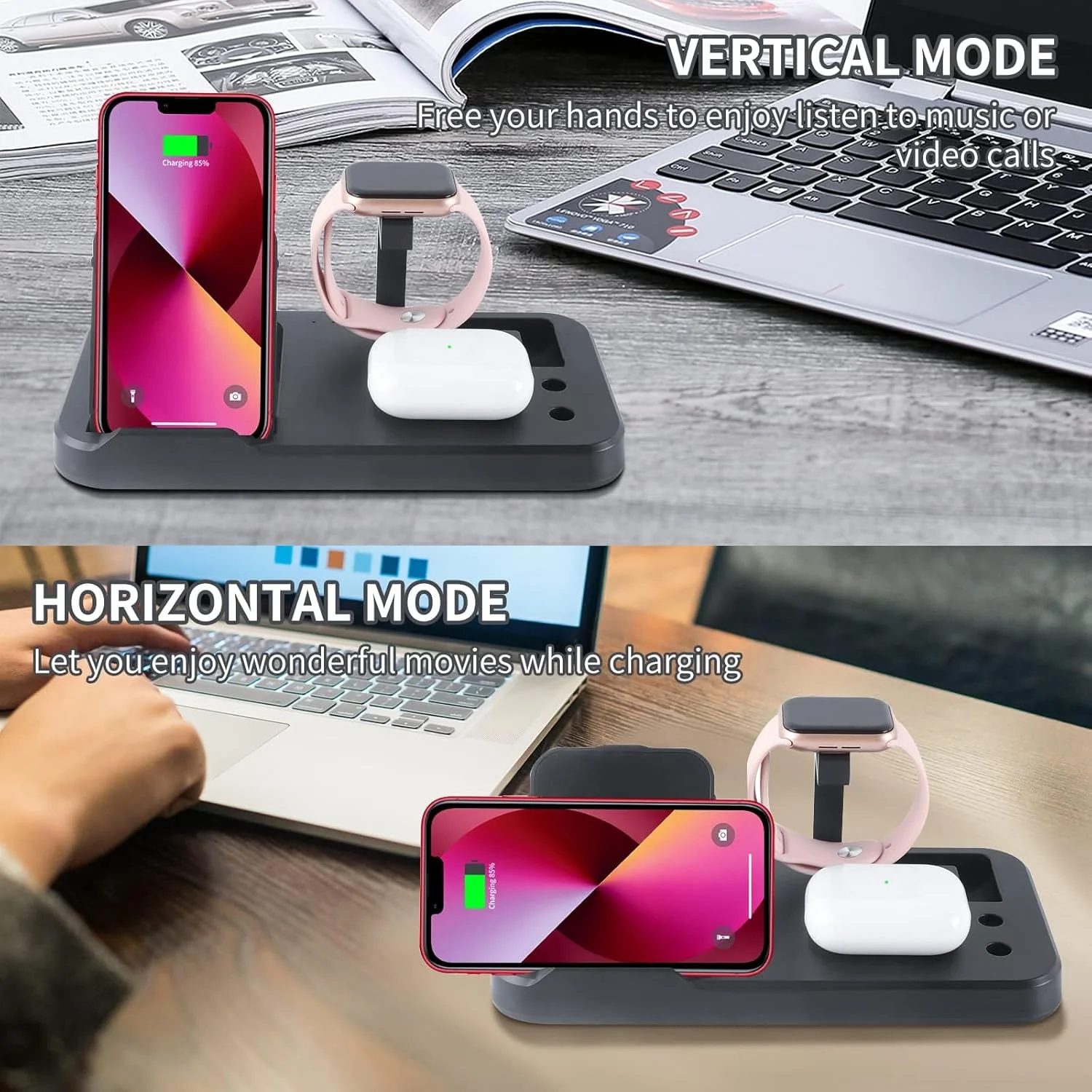 استند شارژر بی‌سیم 4 در 1، ایستگاه شارژ سریع بی‌سیم، استند شارژر تاشو و قابل تنظیم، داک ارتقا یافته برای iWatch Series 6/SE/5/4/3/2، Pencil، سازگار با تلفن‌های iPhone/Android