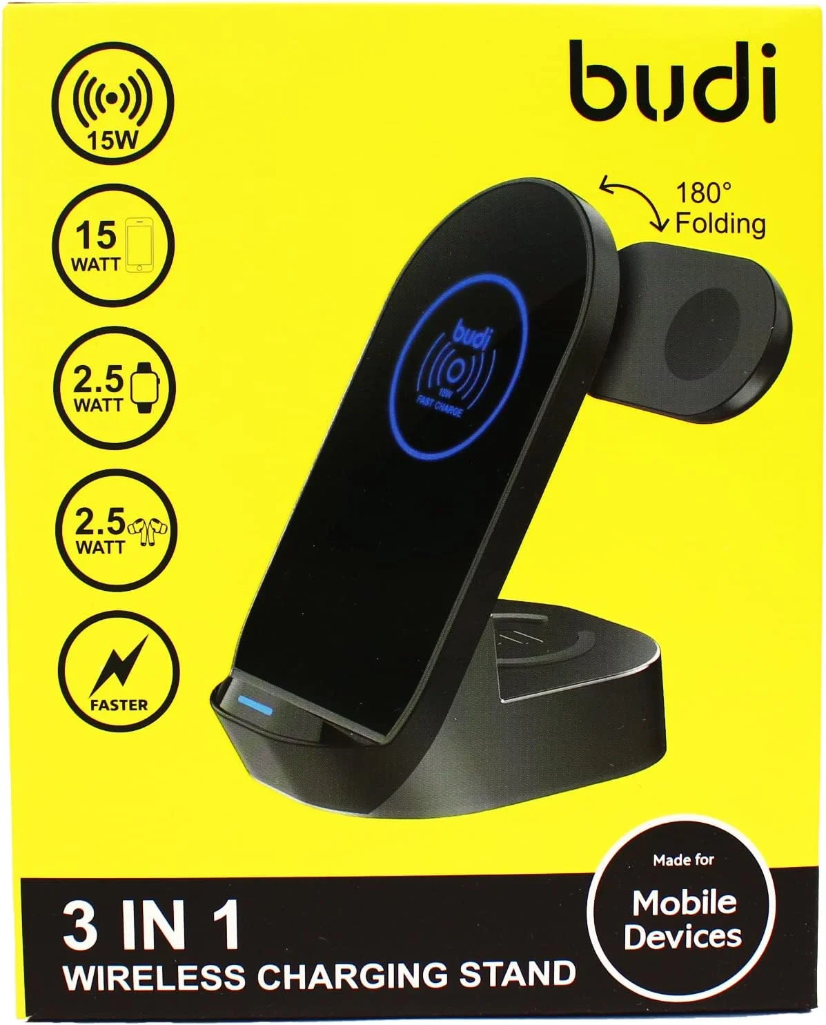 پایه شارژ بی‌سیم 3 در 1 Budi | شارژر 15 واتی با نشانگر LED سازگار با آیفون 13 پرو مکس، پرو، 13، اپل واچ سری 7،6،5،4،3،2،1، ایرپاد 1/2، پرو، 3 و غیره - مشکی