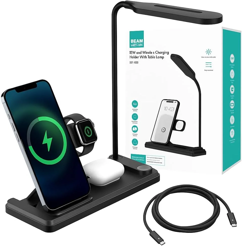 پایه شارژر بی‌سیم 3 در 1 با چراغ مطالعه LED – شارژر سریع برای آیفون، سامسونگ، ایرپادز، ساعت‌های هوشمند – USB-C – طراحی کم‌جا - مشکی