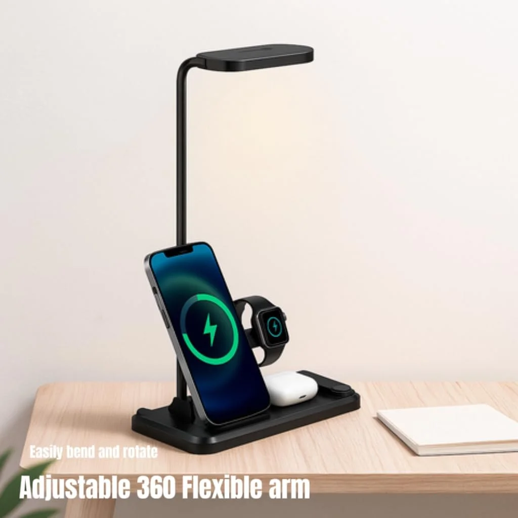 پایه شارژر بی‌سیم 3 در 1 با چراغ مطالعه LED – شارژر سریع برای آیفون، سامسونگ، ایرپادز، ساعت‌های هوشمند – USB-C – طراحی کم‌جا - مشکی