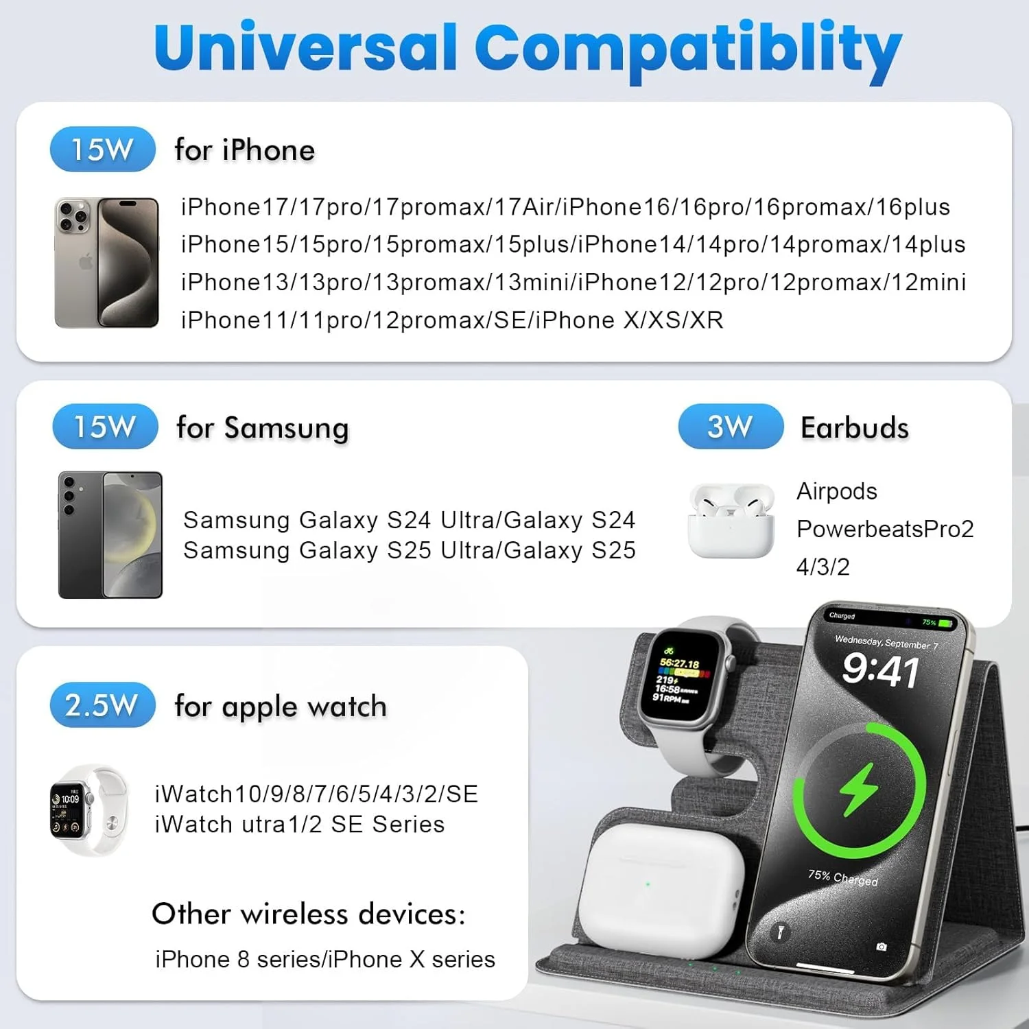 استند شارژر بی‌سیم 3 در 1 Qi2 برای آیفون، اپل واچ و ایرپادز، استند شارژ سریع تاشو برای سامسونگ گلکسی S24/S25 و iWatch سری iPhone 17-11