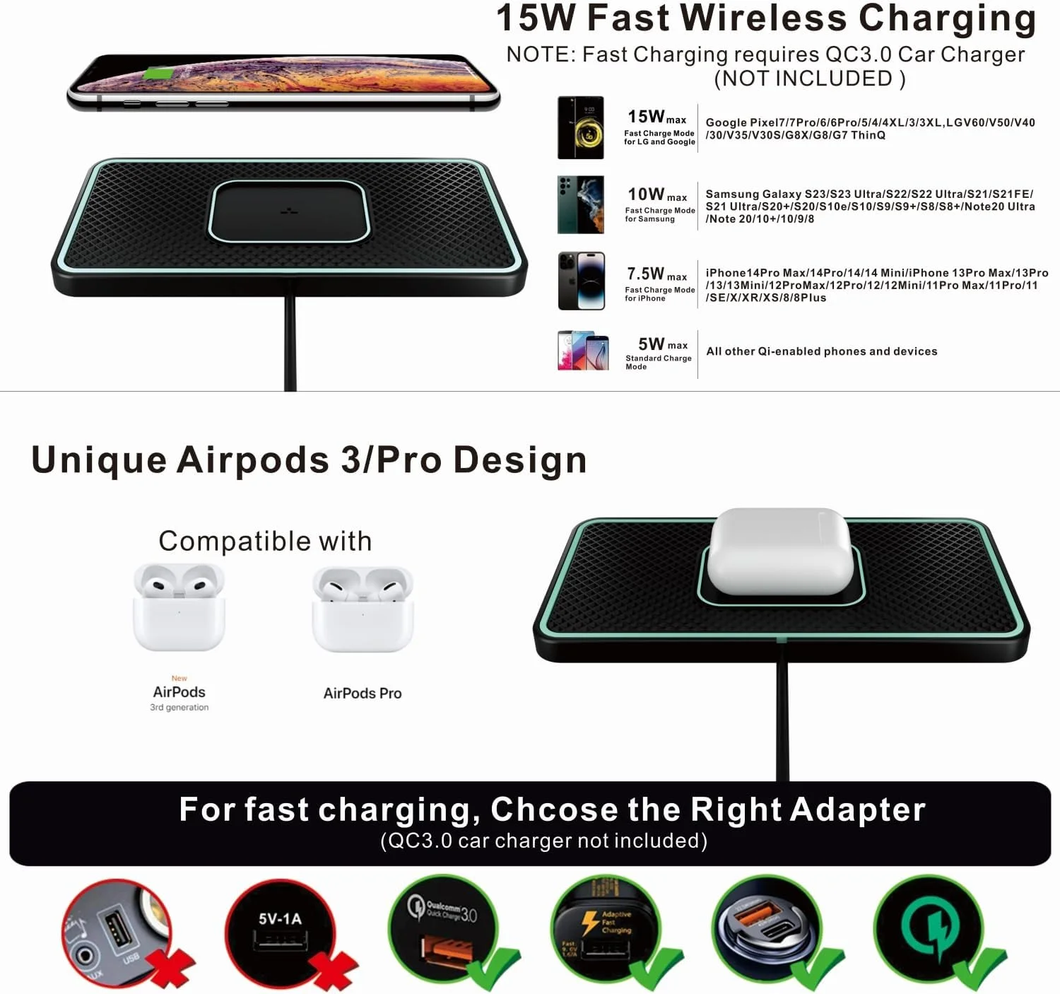 پد شارژر بی سیم خودرو Polmxs، شارژر بی سیم سریع 15 واتی، پد شارژ بی سیم ضد لغزش، پد تلفن فوق العاده نازک برای AirPods 3/Pro/iPhone 14/13/12/11/X، Samsung S22/S21/S20/10+/S10