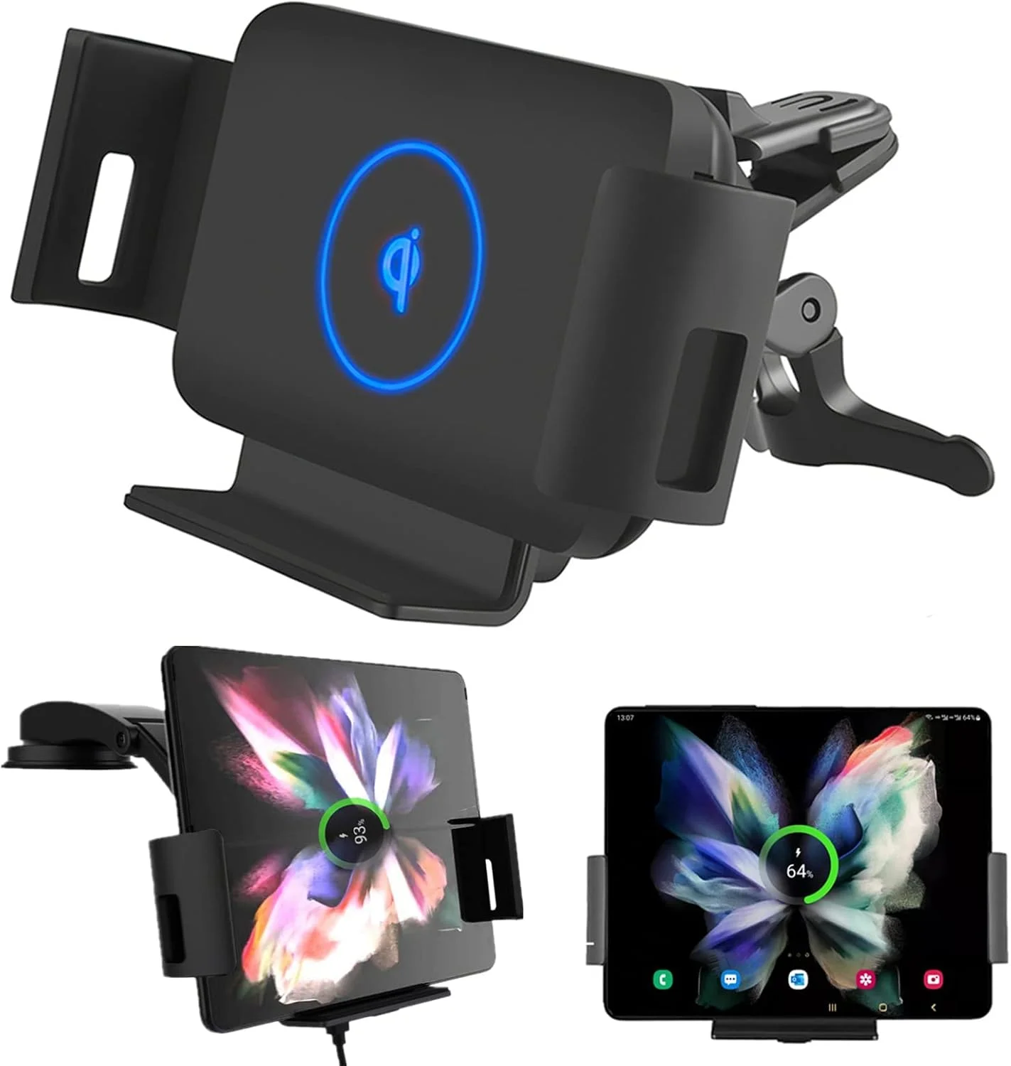 پایه نگهدارنده شارژر بی‌سیم 15 واتی Qi سازگار با گوشی های گلکسی زد فولد 5، فولد 4، فولد 3، زد فولد 2، فولد، اس 22 اولترا، گوگل پیکسل 6 پرو، آیفون 14/13/12/11 پرو مکس با گیره خودکار و شارژ سریع بی‌سیم