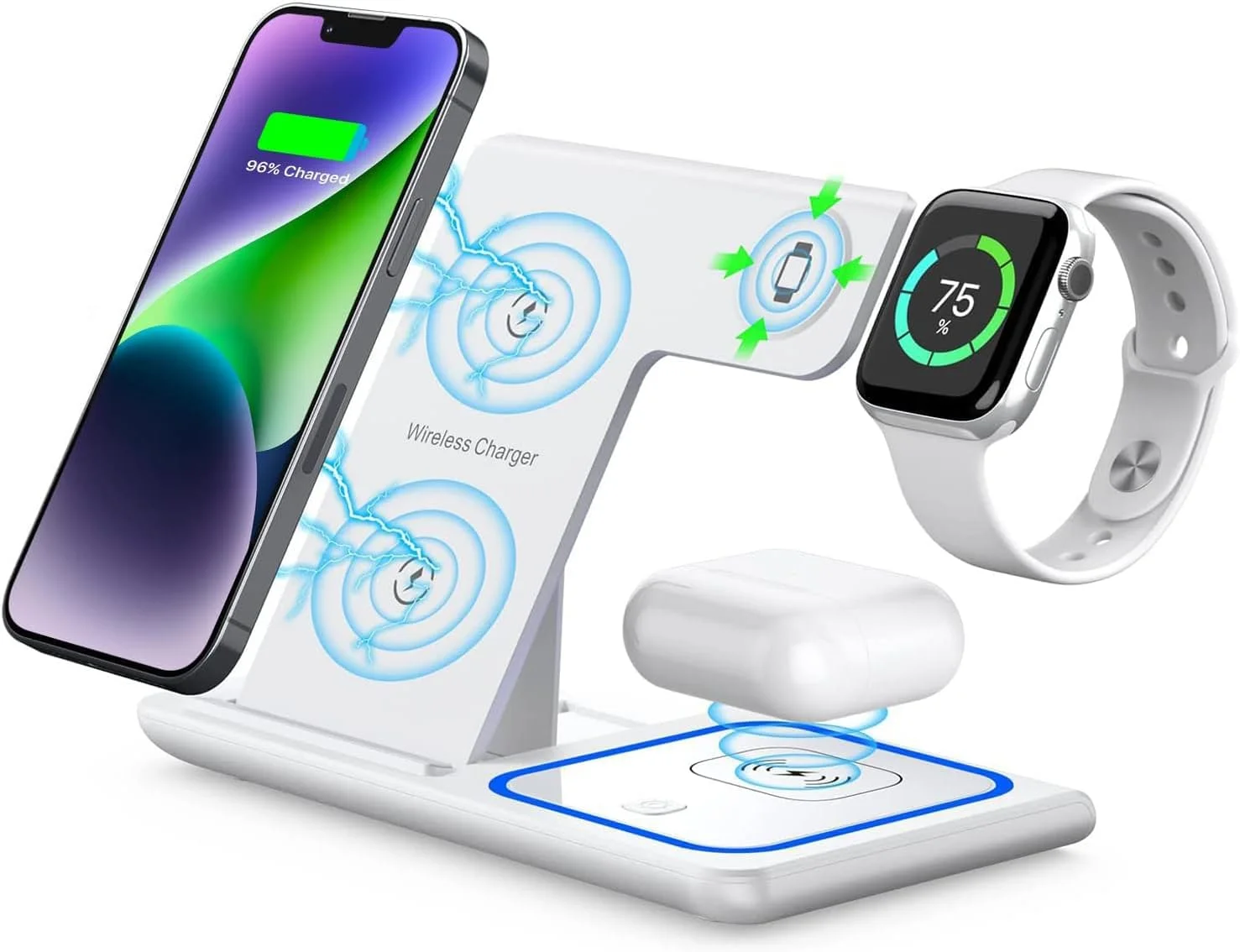 شارژر بی‌سیم، ایستگاه شارژ 3 در 1، داک شارژ برای ایرپادز و ایرپادز پرو، پایه ساعت برای اپل واچ، پایه شارژ سریع Qi برای آیفون، سامسونگ گلکسی و تمام دستگاه‌های دارای Qi (سفید)