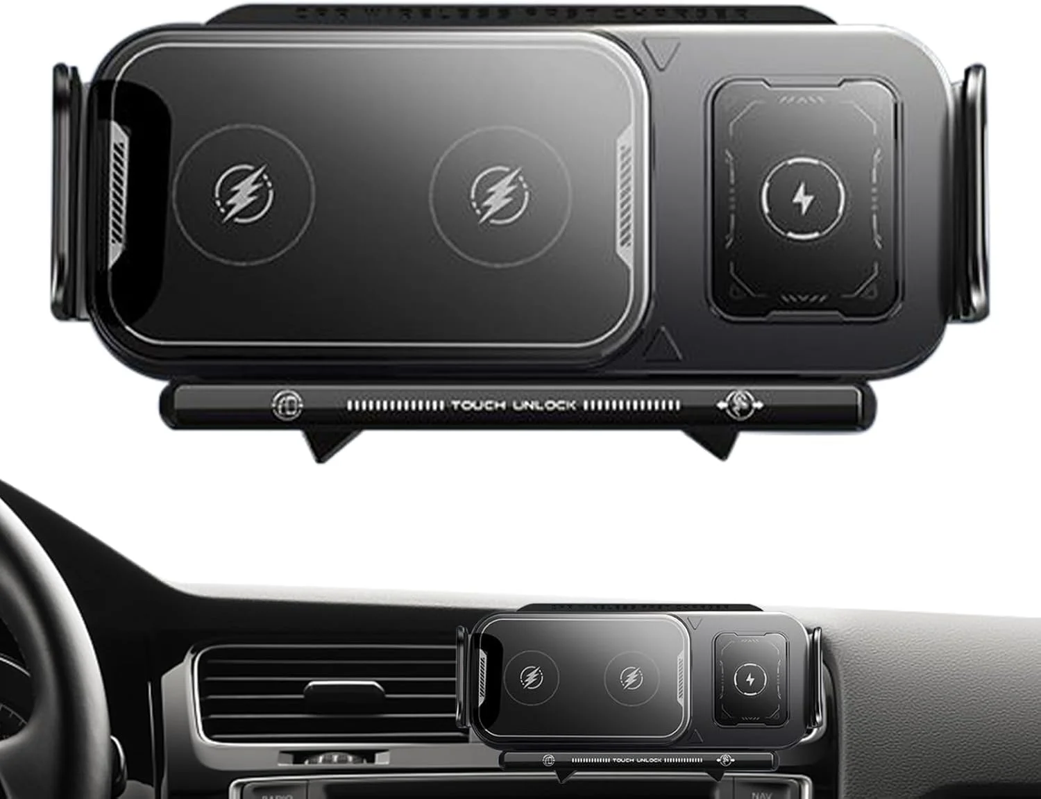 پایه شارژر بی‌سیم خودرو، نگهدارنده تلفن همراه با گیره خودکار، پایه چرخان لمسی تلفن، پایه تلفن همراه دریچه هوا و داشبورد، برای آیفون/گلکسی، ایده‌آل برای رانندگی روزانه و مسافرت