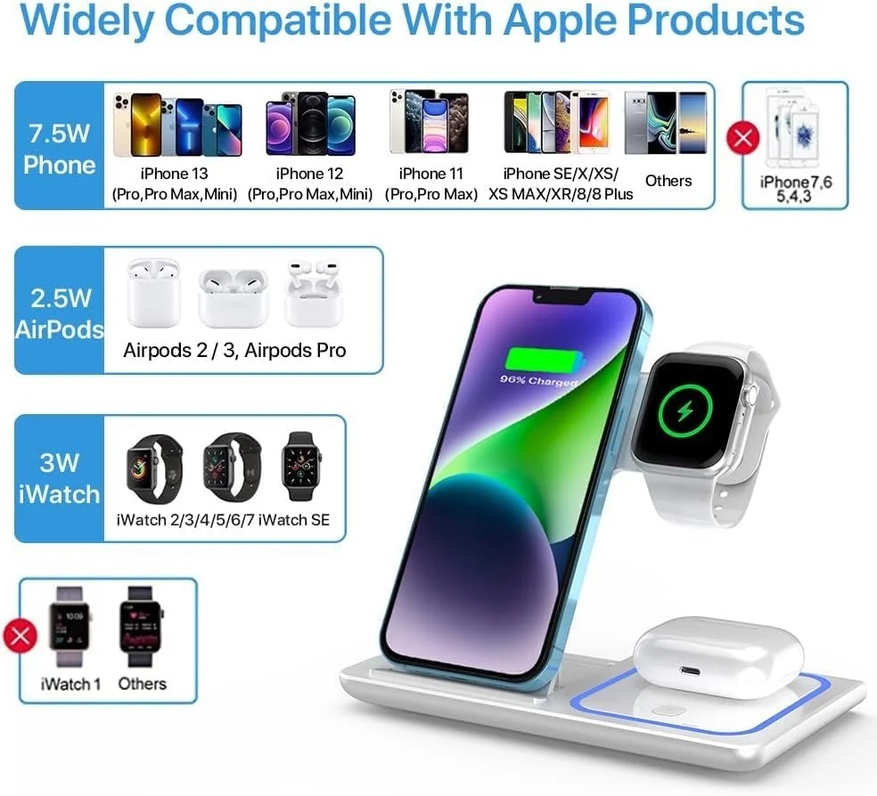 شارژر بی‌سیم، ایستگاه شارژ 3 در 1، داک شارژ برای ایرپادز و ایرپادز پرو، پایه ساعت برای اپل واچ، پایه شارژ سریع Qi برای آیفون، سامسونگ گلکسی و تمام دستگاه‌های دارای Qi (سفید)