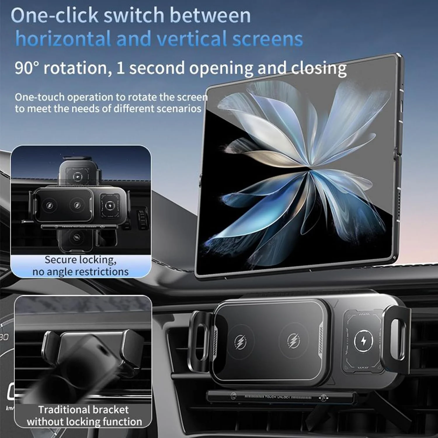 پایه شارژر بی‌سیم خودرو، نگهدارنده تلفن همراه با گیره خودکار، پایه چرخان لمسی تلفن، پایه تلفن همراه دریچه هوا و داشبورد، برای آیفون/گلکسی، ایده‌آل برای رانندگی روزانه و مسافرت