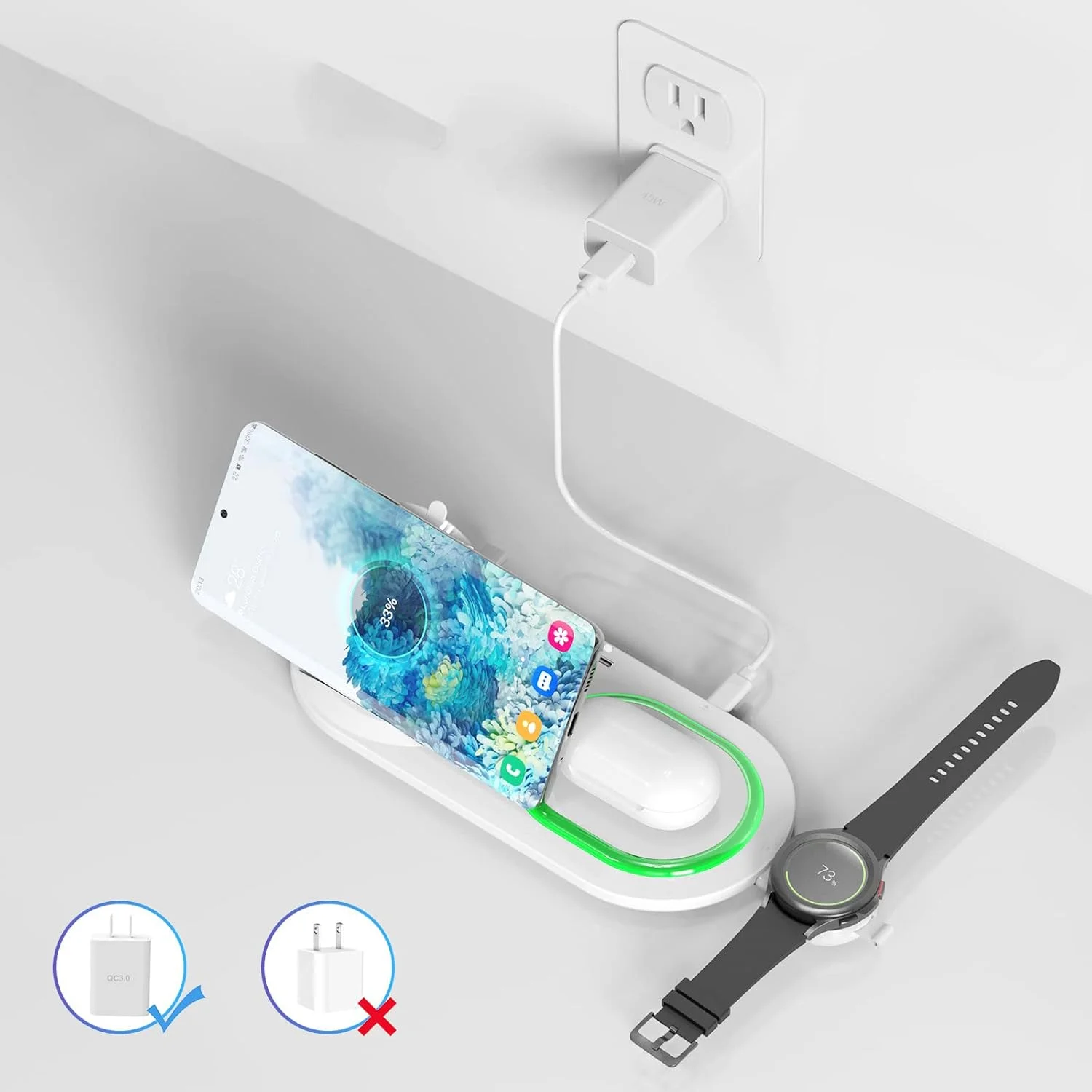 پایه شارژ بی‌سیم 3 در 1، ایستگاه شارژ بی‌سیم برای Samsung Galaxy S22/S21/S20/S10/Note 20/Z Flip 4/Z Fold 4، شارژر جداشدنی ساعت Samsung برای Galaxy Watch 5/4/3/Active 2، Buds 2/Pro/+, سفید