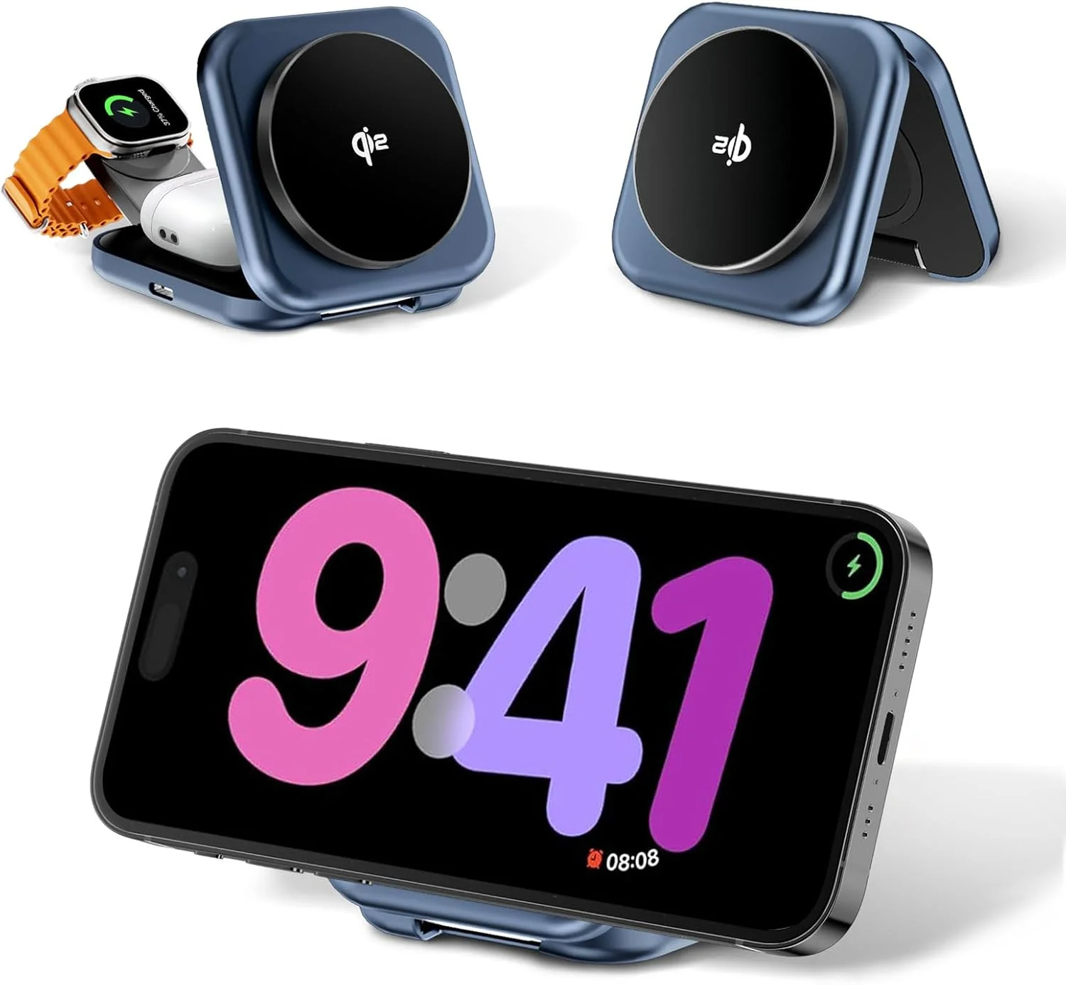 استند شارژر وایرلس 3 در 1، شارژر مغناطیسی تاشو 30 واتی دارای گواهینامه Qi2 برای شارژر اپل مگ‌سیف، استند شارژر وایرلس مغناطیسی سریع برای سری آیفون 17-12، ایرپادز، اپل واچ