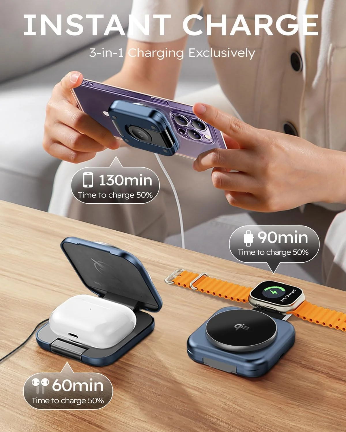 استند شارژر وایرلس 3 در 1، شارژر مغناطیسی تاشو 30 واتی دارای گواهینامه Qi2 برای شارژر اپل مگ‌سیف، استند شارژر وایرلس مغناطیسی سریع برای سری آیفون 17-12، ایرپادز، اپل واچ