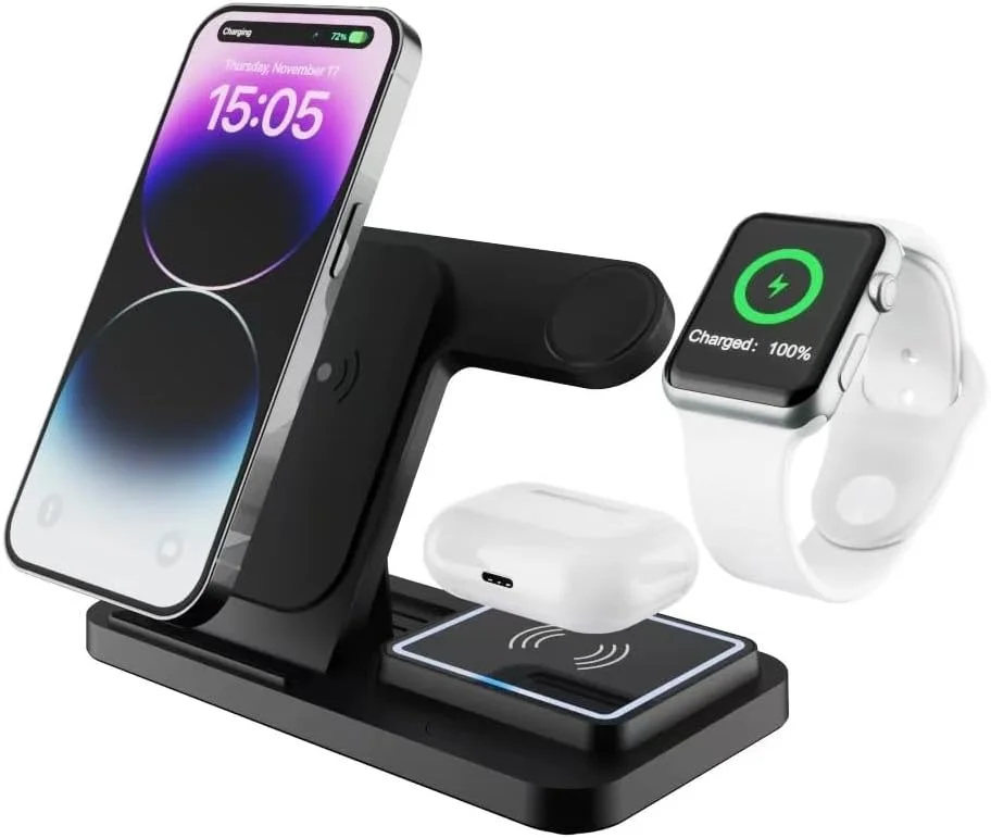 شارژر بی‌سیم، ایستگاه شارژ 3 در 1 برای دستگاه‌های متعدد، پایه شارژ بی‌سیم برای سری آیفون 8-16، سری iWatch 2-10/Ultra/SE، AirPods 4/3/2/Pro (مشکی)