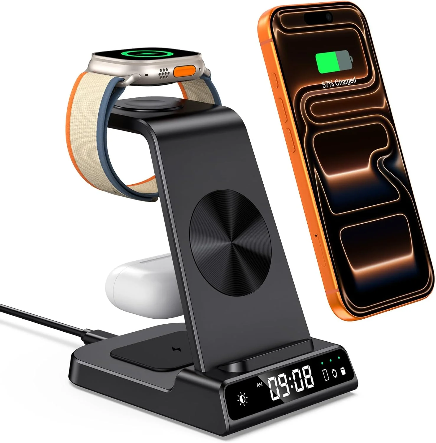 شارژر بی‌سیم برای سری آیفون ایر/۱۷/۱۶/۱۵/۱۴/۱۳/۱۲، استیشن شارژ بی‌سیم ۳ در ۱ با ساعت برای اپل واچ ۱۰/اولترا ۲/۹/۸/۷/۶، ایرپادز پرو ۳ (بدون آداپتور)