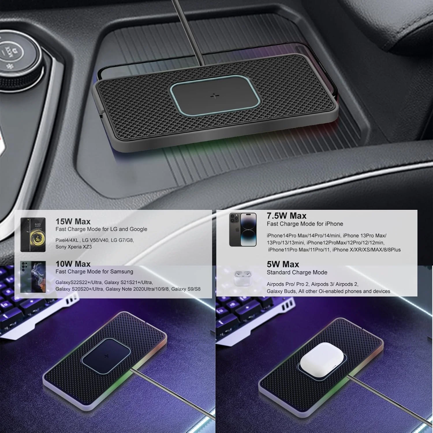 پد شارژ بی‌سیم خودرو 15 وات، پد شارژ سریع بی‌سیم تلفن همراه ضد لغزش، سازگار با آیفون 11/12/13/14/15، گلکسی S21/S22/S23/24، NOTE10 (کابل 30 سانتی‌متری C1Pro)