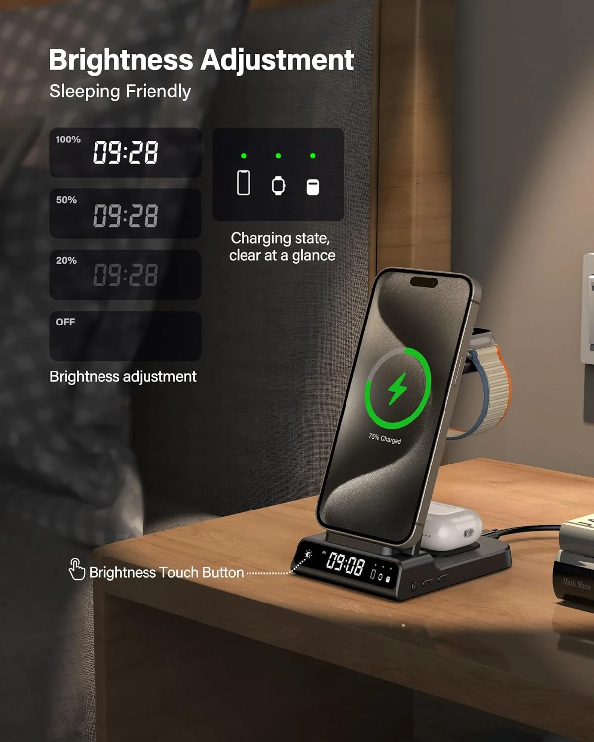 شارژر بیسیم برای سری آیفون ایر/۱۷/۱۶/۱۵/۱۴/۱۳/۱۲، استیشن شارژ بیسیم ۳ در ۱ با ساعت برای اپل واچ ۱۰/اولترا ۲/۹/۸/۷/۶، ایرپادز پرو ۳ (بدون آداپتور) شارژر بیسیم برای سری آیفون ایر/۱۷/۱۶/۱۵/۱۴/۱۳/۱۲، استیشن شارژ بیسیم ۳ در ۱ با ساعت برای اپل واچ ۱۰/اولترا ۲/۹/۸/۷/۶، ایرپادز پرو ۳ (بدون آداپتور)