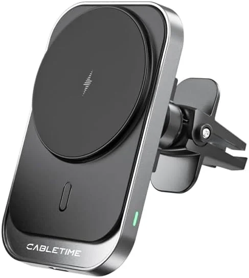 شارژر بی‌سیم مغناطیسی خودرو 15 واتی، پایه نگهدارنده دریچه هوا با چرخش 360 درجه، گیره مغناطیسی قوی، سازگار با قاب | CT-WPH01-PG | CABLE TIME