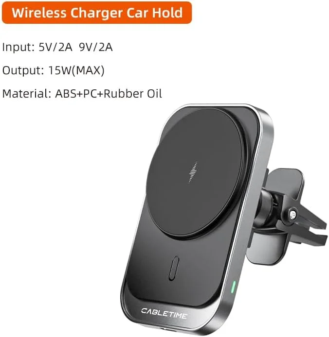 شارژر بی‌سیم مغناطیسی خودرو 15 واتی، پایه نگهدارنده دریچه هوا با چرخش 360 درجه، گیره مغناطیسی قوی، سازگار با قاب | CT-WPH01-PG | CABLE TIME