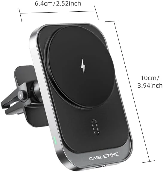 شارژر بی‌سیم مغناطیسی خودرو 15 واتی، پایه نگهدارنده دریچه هوا با چرخش 360 درجه، گیره مغناطیسی قوی، سازگار با قاب | CT-WPH01-PG | CABLE TIME