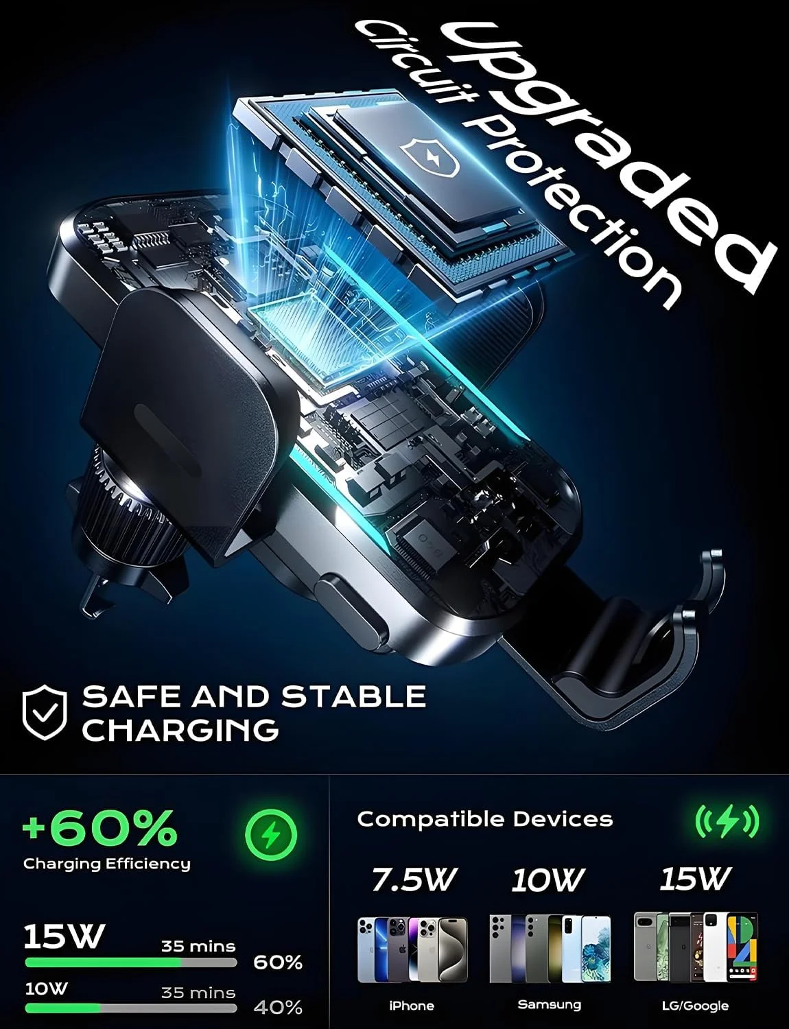 شارژر بی‌سیم خودرو، ارتقا یافته 2025، شارژ سریع 15 واتی، نگهدارنده تلفن خودرو با گیره خودکار، نگهدارنده تلفن برای خودرو، CHGeek، مناسب برای آیفون 16 15 14 13 مینی پرو مکس XR، سامسونگ گلکسی S25 Ultra