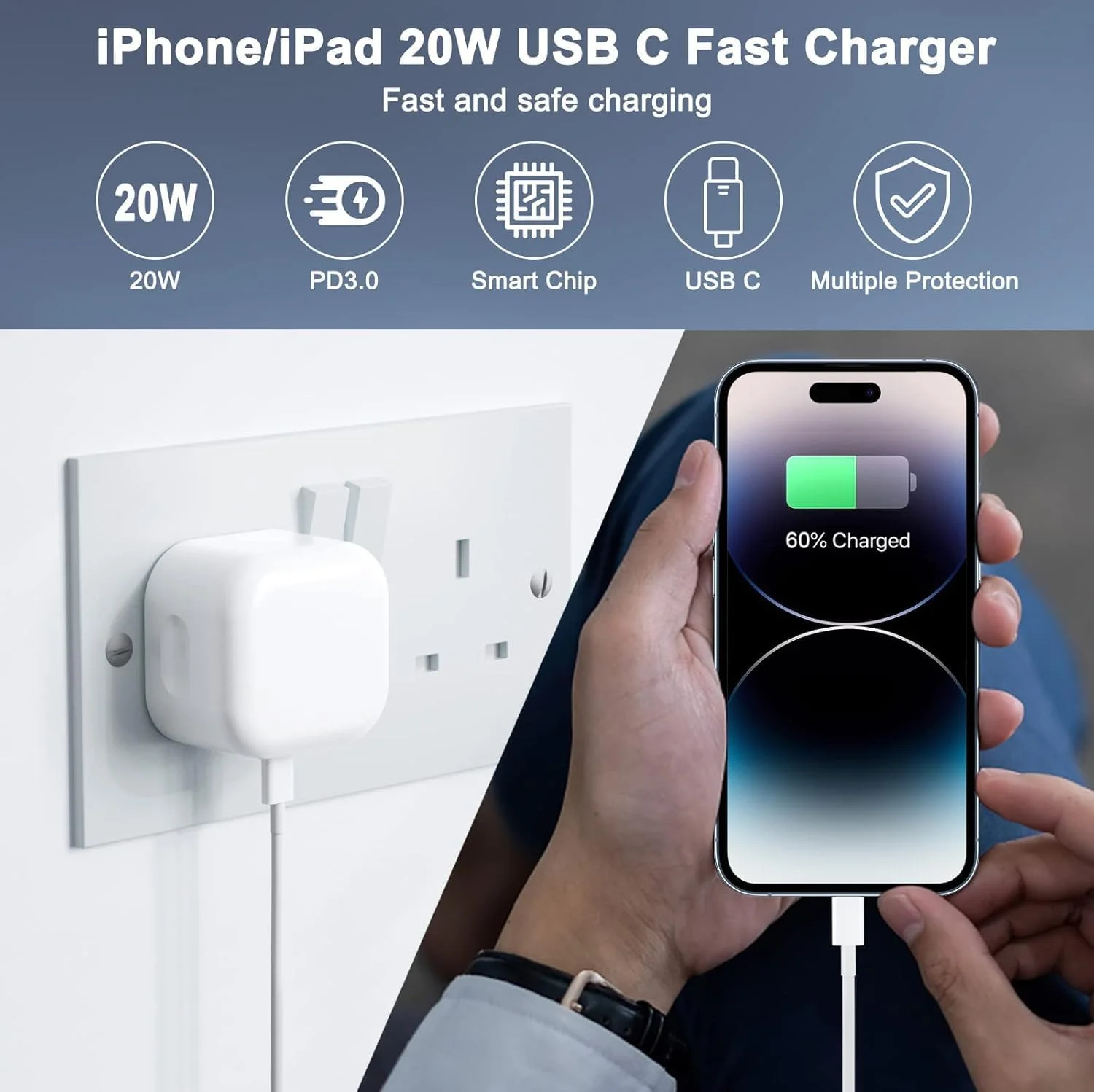 آداپتور شارژ مسافرتی 20 واتی با کابل USB-C به لایتنینگ - شارژ سریع، قابل حمل، سازگار با پریز دیواری نوع G