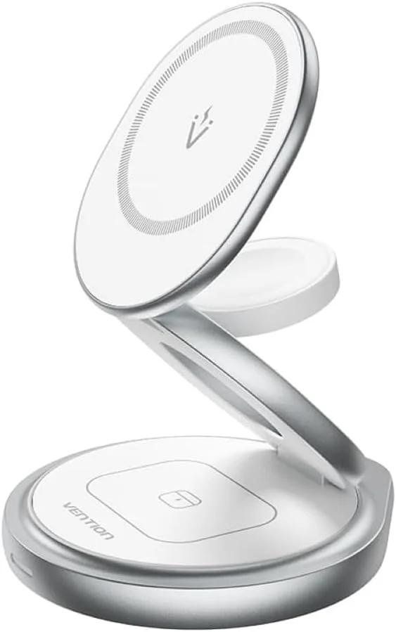 استند شارژ بی‌سیم 3 در 1 Vention، شارژر MagSafe، پایه شارژ سریع 15 واتی برای آیفون، ایرپادز، اپل واچ، پایه چرخان 360 درجه، نگهدارنده مغناطیسی قوی، آلیاژ روی، نقره‌ای - FGEI0
