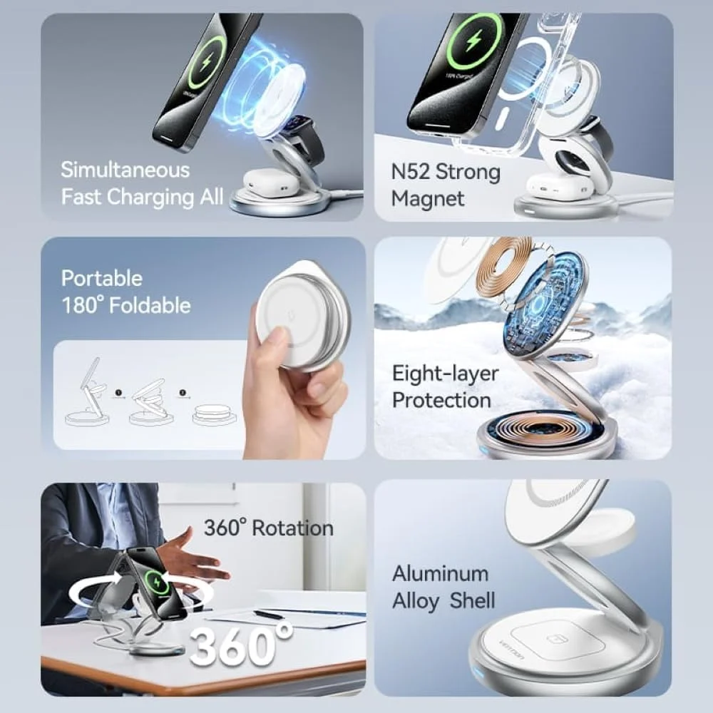 استند شارژ بی‌سیم 3 در 1 Vention، شارژر MagSafe، پایه شارژ سریع 15 واتی برای آیفون، ایرپادز، اپل واچ، پایه چرخان 360 درجه، نگهدارنده مغناطیسی قوی، آلیاژ روی، نقره‌ای - FGEI0