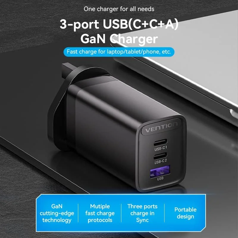 شارژر دیواری 65 واتی GaN USB C ونشن با 3 پورت (C+C+A) PPS PD شارژ سریع QC 4.0 3.0 آداپتور برق برای مک بوک، آیپد پرو ایر، دل XPS، آیفون پرو مکس، گلکسی S22 S20 نوت 20، پیکسل (FEDB0-UK)