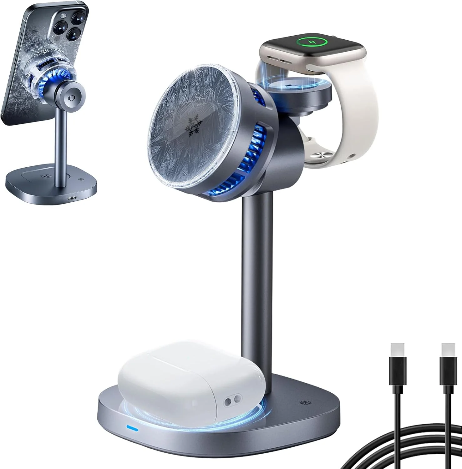 استند شارژ 3 در 1 Mag-Safe 25 واتی با فن خنک کننده TEC، شارژر بی سیم سریع مغناطیسی برای آیفون 17/16/15/14/13/12 پرو/مکس، اپل واچ سری 1-10، ایرپادز پرو 2/3/4 (دارای گواهی Qi2)