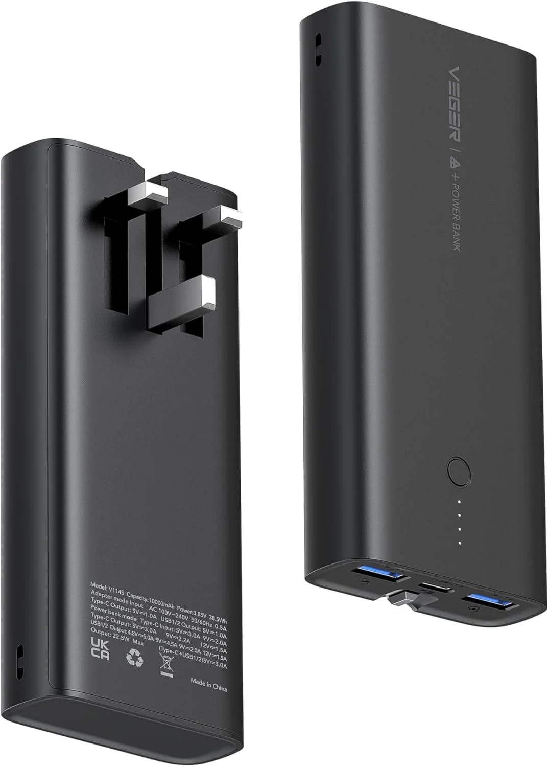 پاور بانک VEGER با ظرفیت 10000mAh، شارژ سریع 22.5W، شارژر قابل حمل با کابل های داخلی و دوشاخه دیواری AC با خروجی USB-C و 2 خروجی USB، 1 ورودی، چراغ های LED، شارژر تلفن برای آیفون/گوگل/LG/اندروید و غیره