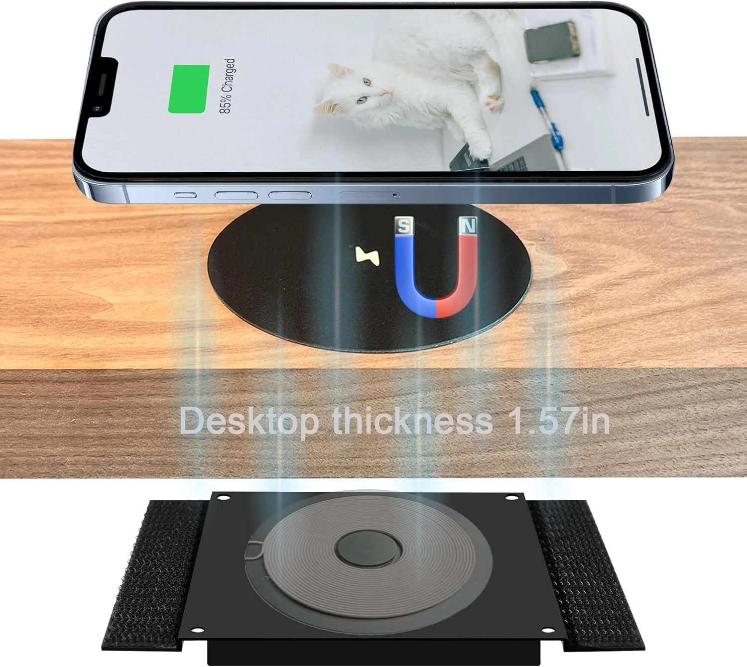 شارژر بی‌سیم مغناطیسی نامرئی 40 میلی‌متری، پد شارژ بی‌سیم 15 واتی زیر میزی برای آیفون 15/14 مجهز به مگ‌سیف (همراه با آداپتور PD) (شامل کویل استیکر مگ‌سیف 40 میلی‌متری)