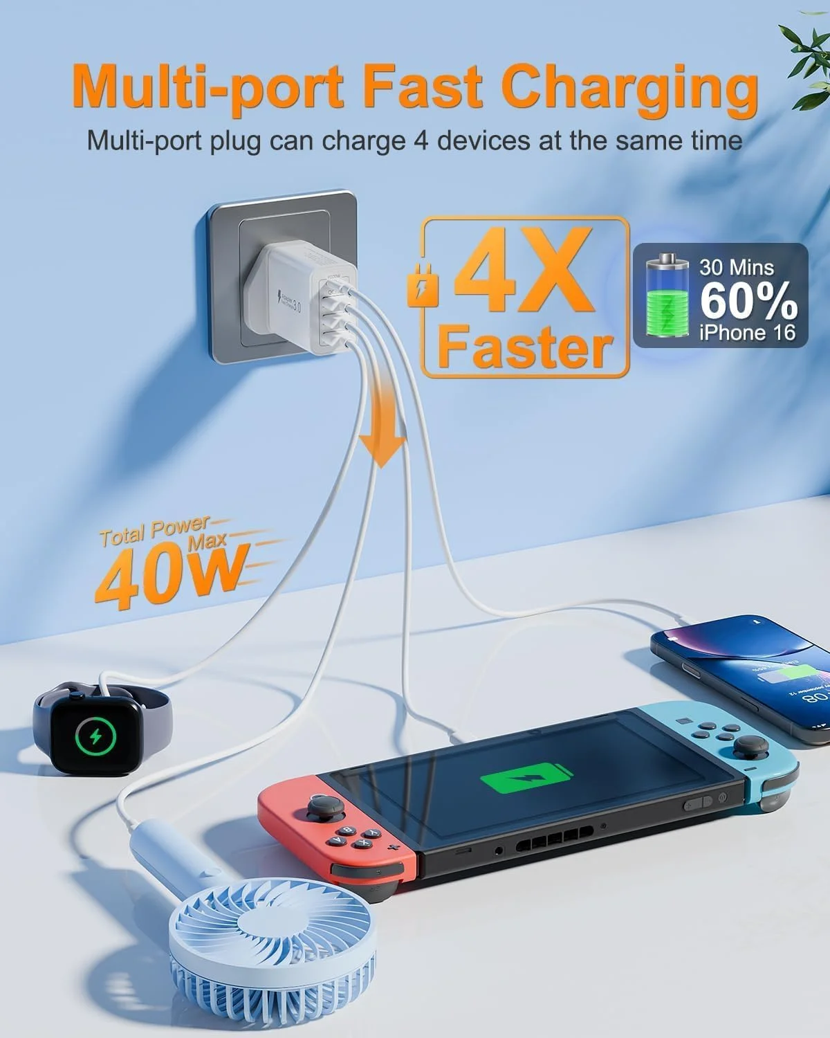 شارژر سریع USB C با توان 40 وات و 4 پورت شامل دو پورت PD 3.0 و QC – آداپتور دیواری دوشاخه برق UK برای آیفون 17، 16، 15، 14، 13، 12، 11 پرو مکس، ایکس آر، ایکس اس، 8 اس ای، آیپد پرو/ایر، سامسونگ اس 24، اس 23، اس 22، مک بوک، دل، لپ تاپ اچ پی