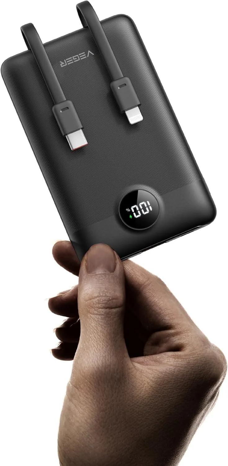 شارژر همراه کوچک قابل حمل VEGER با ظرفیت 10000 میلی آمپر ساعت، پاور بانک با کابل های داخلی، شارژ سریع و جمع و جور USB C با نمایشگر LED سازگار با آیفون، شیائومی و تلفن های اندرویدی