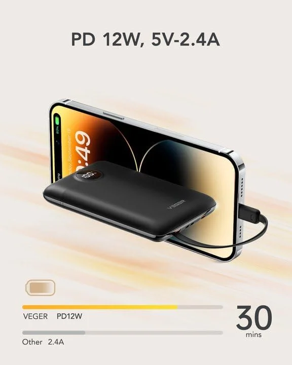 شارژر همراه کوچک قابل حمل VEGER با ظرفیت 10000 میلی آمپر ساعت به همراه کابل های داخلی، شارژ سریع PD12W، پاور بانک USB C جمع و جور با نمایشگر دیجیتال سازگار با آیفون و تلفن های اندرویدی