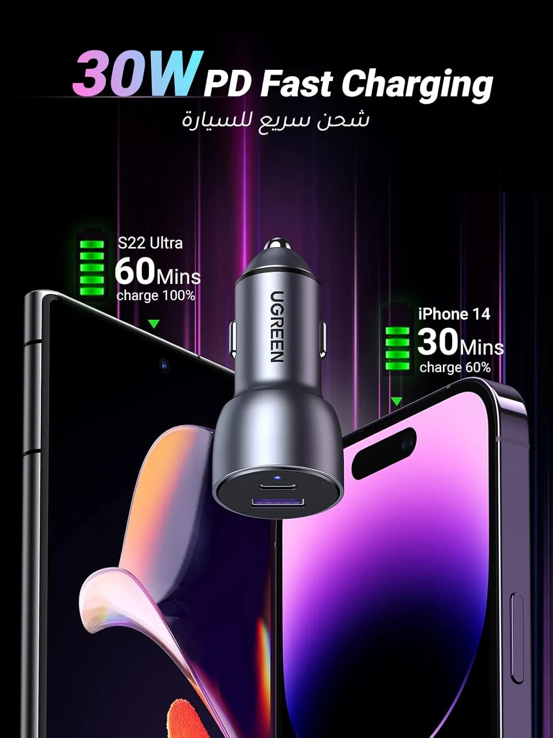 شارژر فندکی 52.5 واتی UGREEN با کابل PD30W برای آیفون 16 پرو، شارژر سریع خودرو با دو پورت USB، آداپتور برق سریع خودرو سامسونگ سری S24 با توان 25 وات به همراه کابل 1 متری USB C برای سامسونگ، آیفون، آیپد، هواوی شارژر فندکی 52.5 واتی UGREEN با کابل PD30W برای آیفون 16 پرو، شارژر سریع خودرو با دو پورت USB، آداپتور برق سریع خودرو سامسونگ سری S24 با توان 25 وات به همراه کابل 1 متری USB C برای سامسونگ، آیفون، آیپد، هواوی